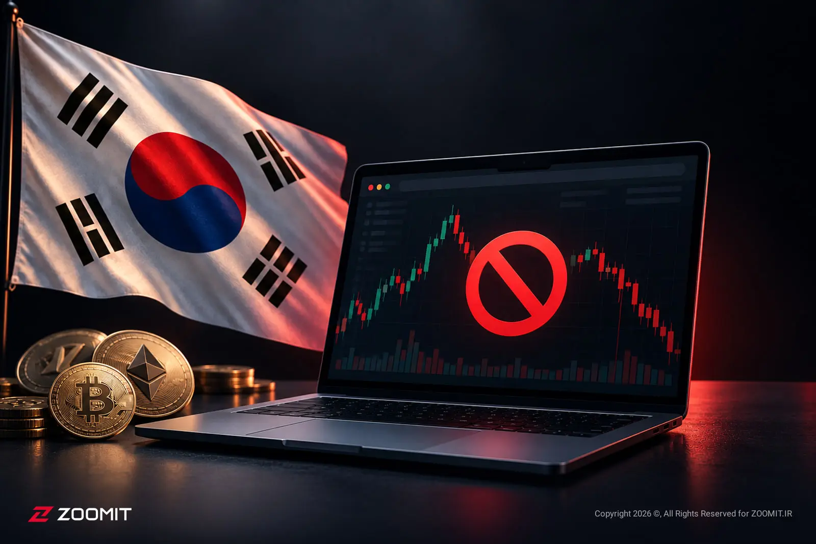نمودار نزولی رمزارزها با علامت ممنوعیت در کنار پرچم کره جنوبی (South Korea)
