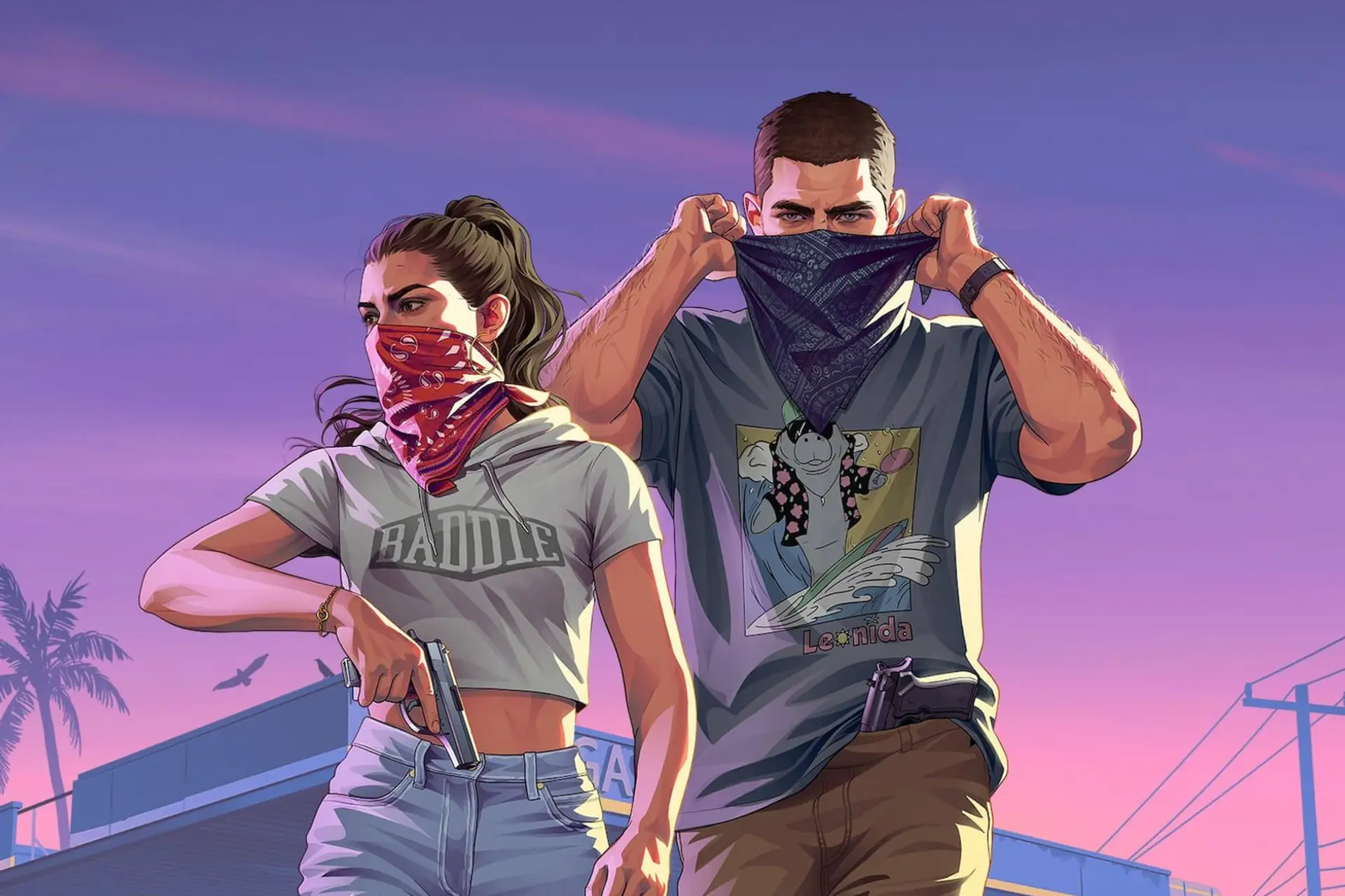 شخصیت‌های اصلی بازی GTA VI (Grand Theft Auto VI) با ماسک در فضای شهری