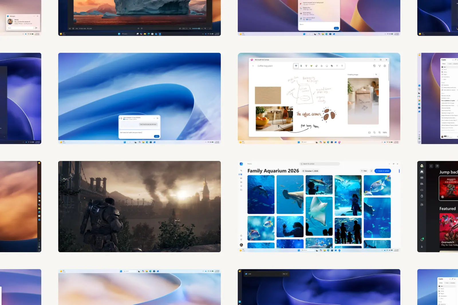 دسکتاپ ویندوز ۱۱ (Windows 11) با پس‌زمینه آبی و نوار وظیفه متمرکز
