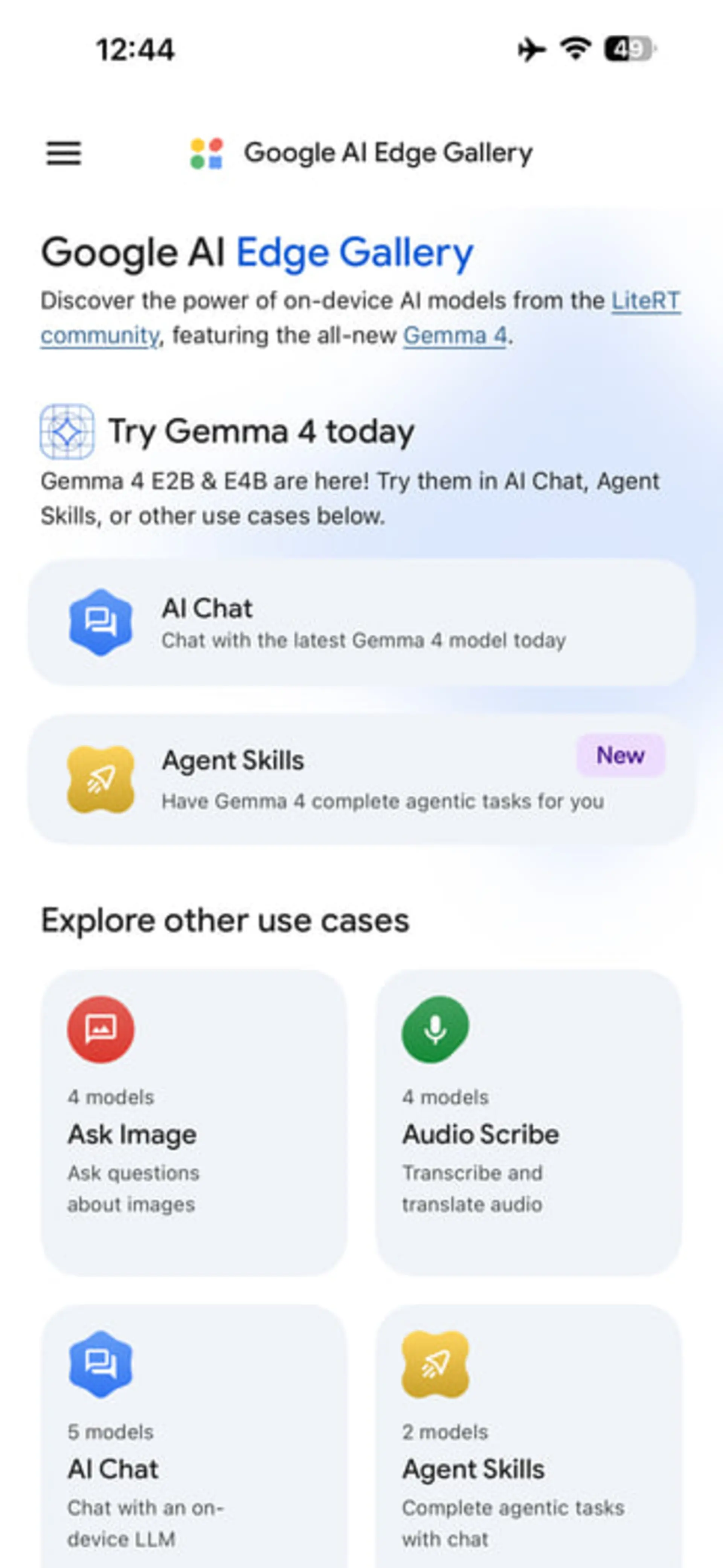 رابط کاربری وب‌سایت Google AI Edge Gallery و گزینه‌های استفاده از مدل Gemma 4