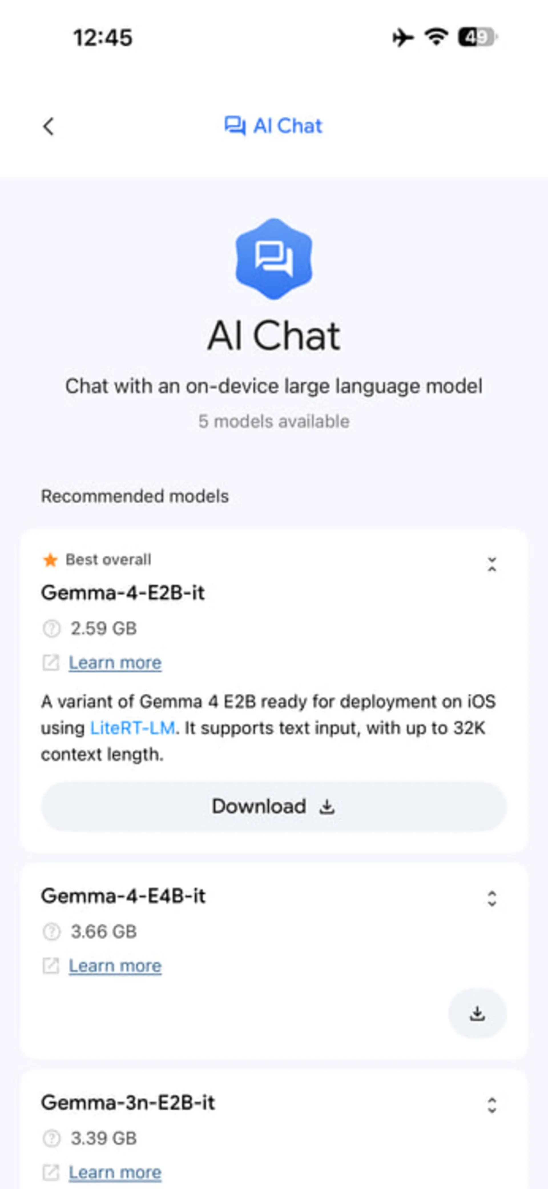 فهرست مدل‌های زبانی Gemma-4 برای دانلود در محیط اپلیکیشن AI Chat