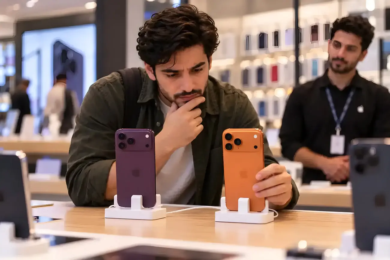 گوشی آیفون (iPhone) در ویترین فروشگاه موبایل روی میز قرار دارد