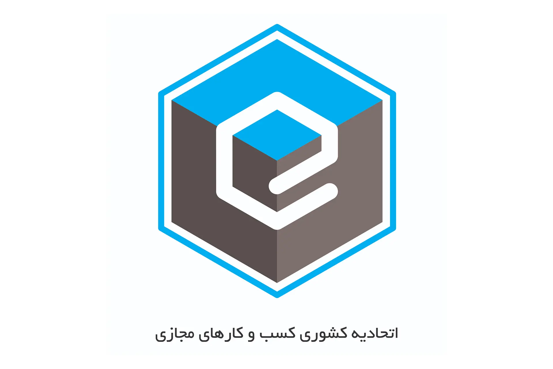 لوگوی شش‌ضلعی اتحادیه کشوری کسب‌وکارهای مجازی با رنگ‌های آبی و خاکستری