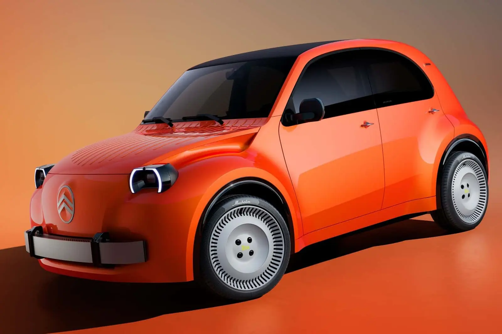 نمای جلو خودروی نارنجی رنگ سیتروئن 2CV با طراحی مدرن و کوچک