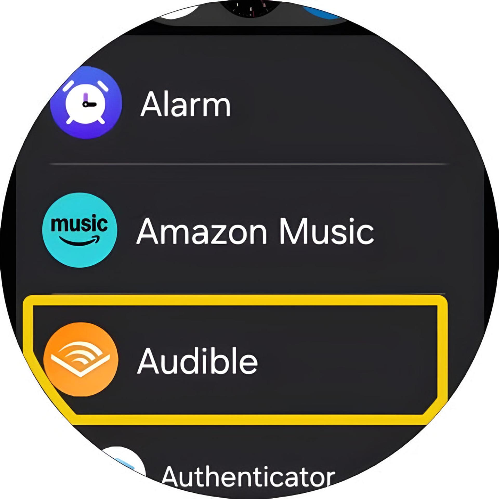 نمای اپلیکیشن Audible (Audible) در فهرست برنامه‌های ساعت هوشمند سامسونگ