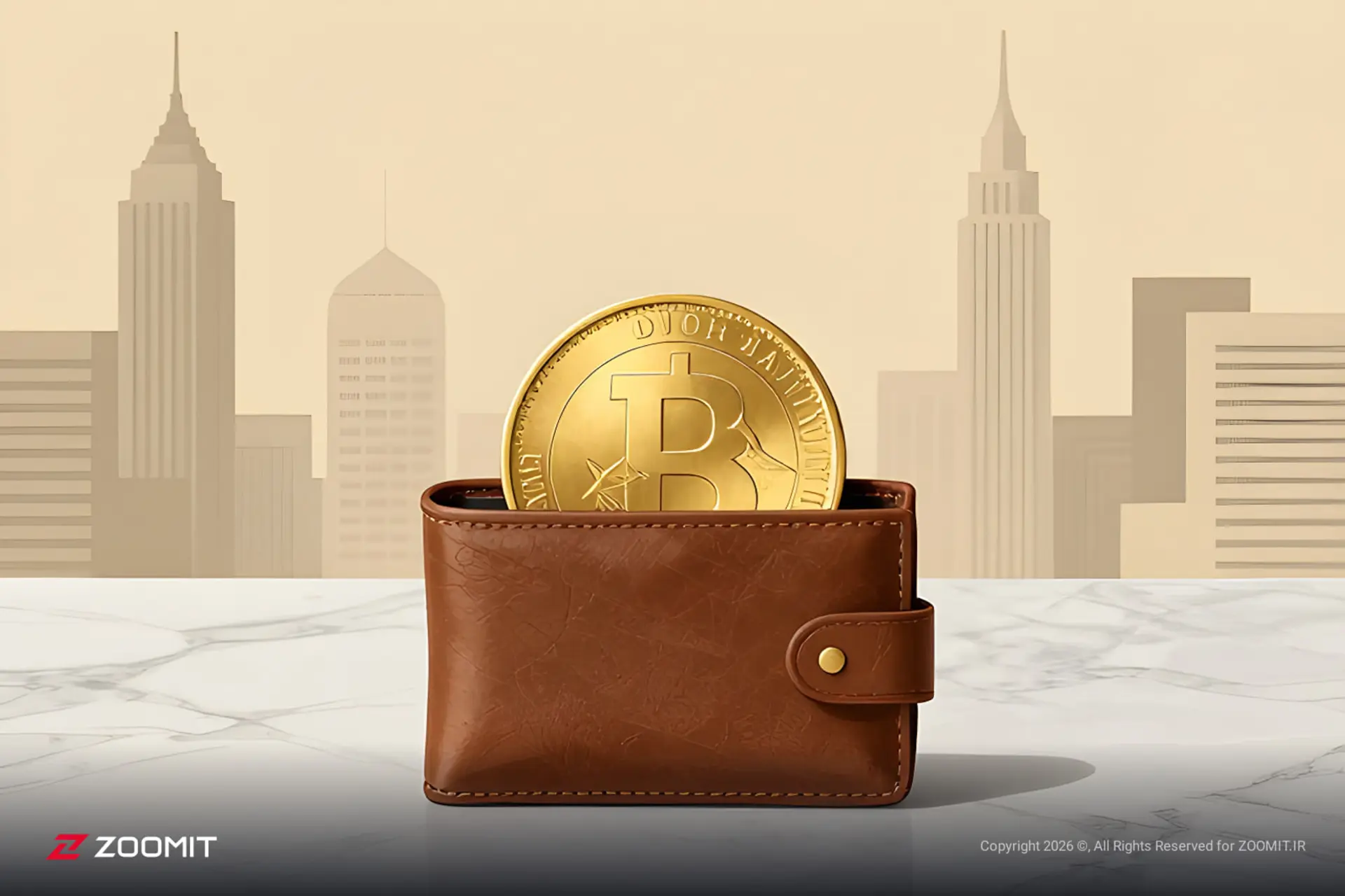 سکه طلایی بیت‌کوین (Bitcoin) داخل یک کیف پول چرمی قهوه‌ای قرار دارد
