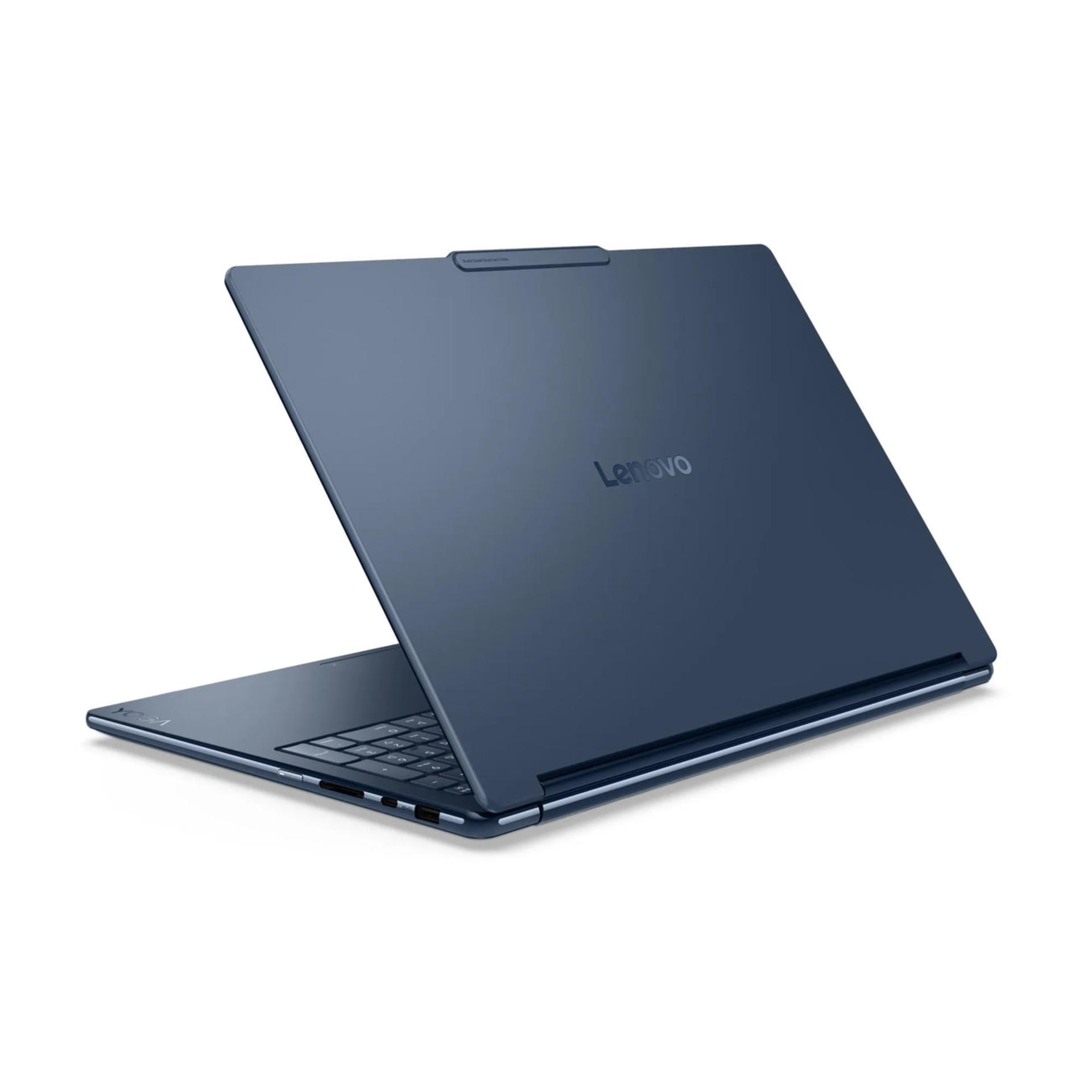 لپ‌تاپ لنوو (Lenovo) با بدنه فلزی آبی و طراحی باریک