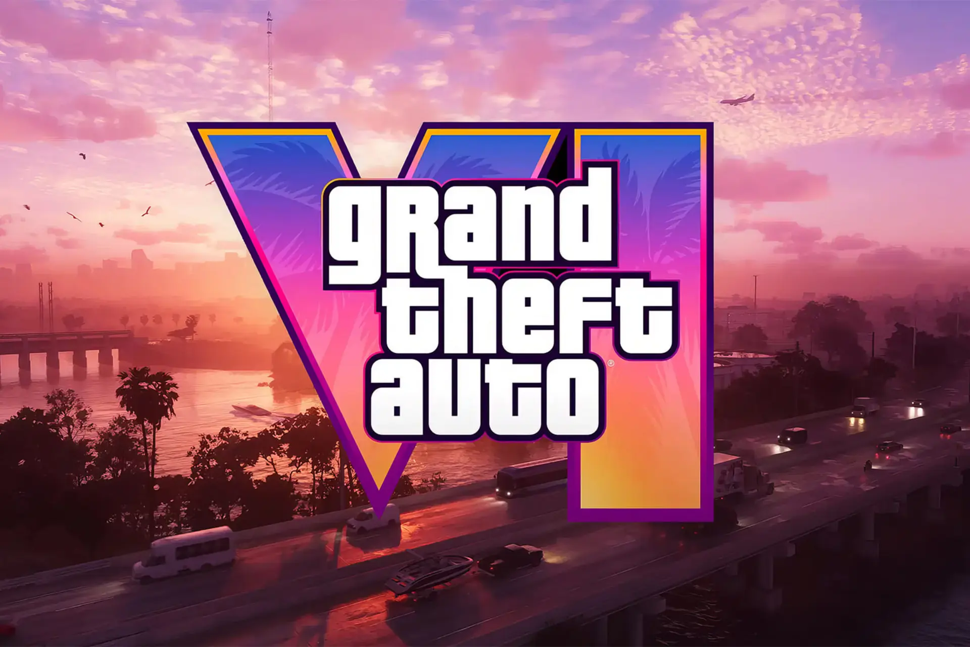 لوگوی بازی Grand Theft Auto VI (GTA 6) روی پس‌زمینه‌ی شهر