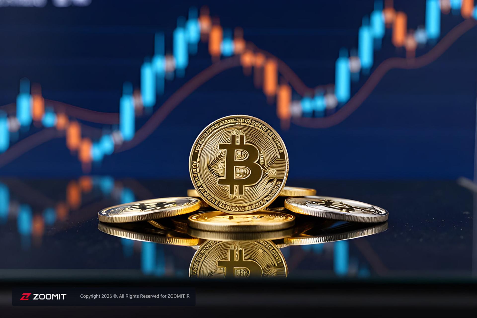 سکه طلایی بیت‌کوین (Bitcoin) روی سطحی بازتابنده در مقابل نمودار قیمت
