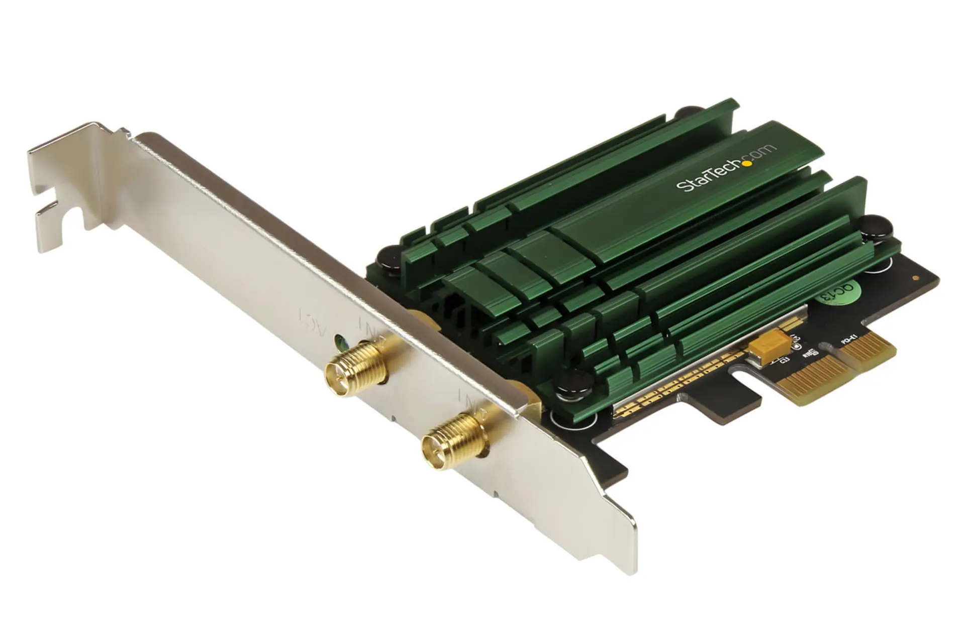 کارت شبکه PCIe با هیت‌سینک سبز رنگ و دو کانکتور آنتن