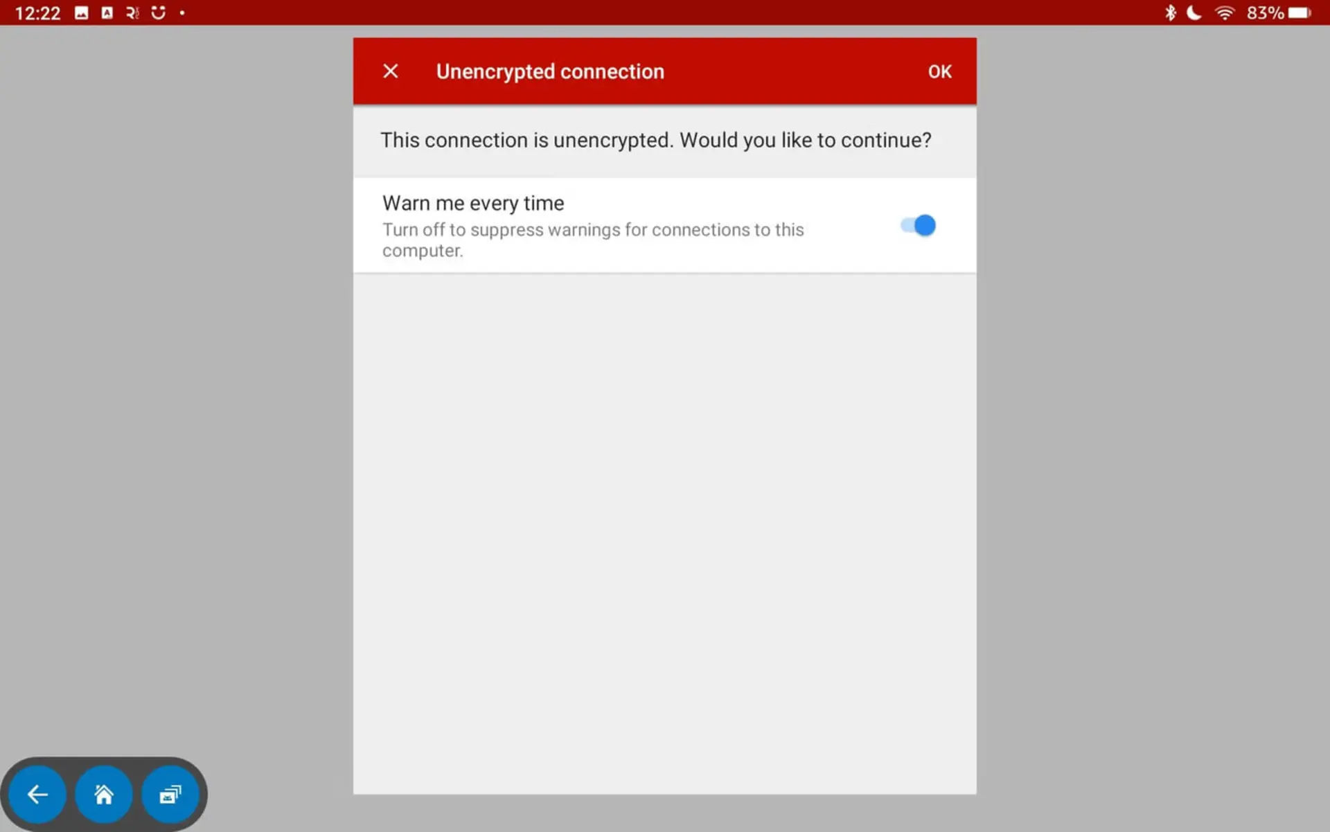 پیام هشدار Unencrypted connection در رابط کاربری اندروید برای اتصال ناامن