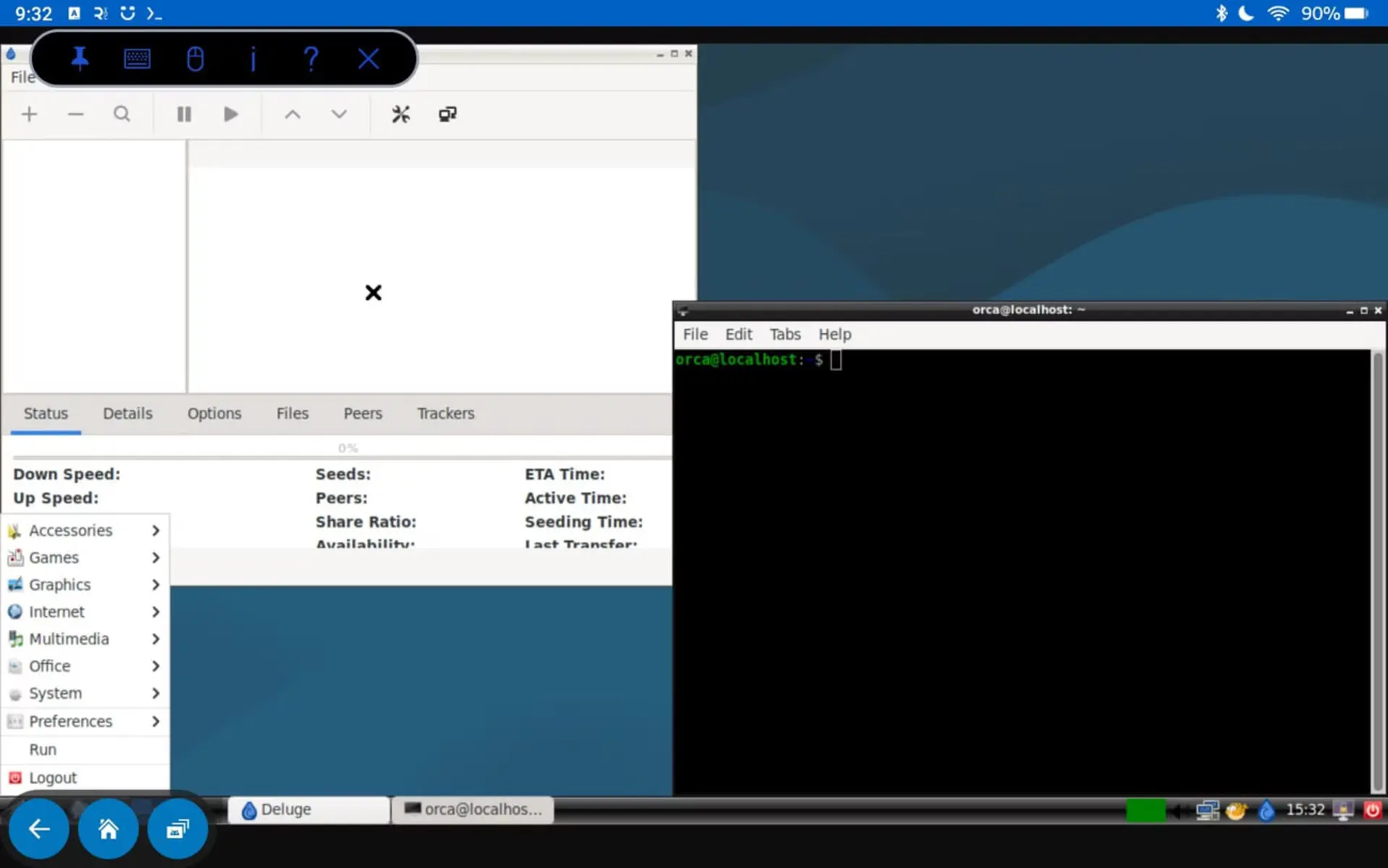 رابط کاربری ترمینال لینوکس (Linux) و نرم‌افزار Deluge در محیط اندروید