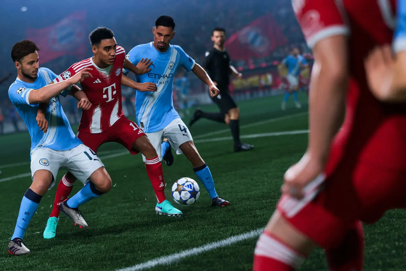 تصویر از درگیری بازیکنان فوتبال در جریان مسابقه بازی FC 27 در استادیوم