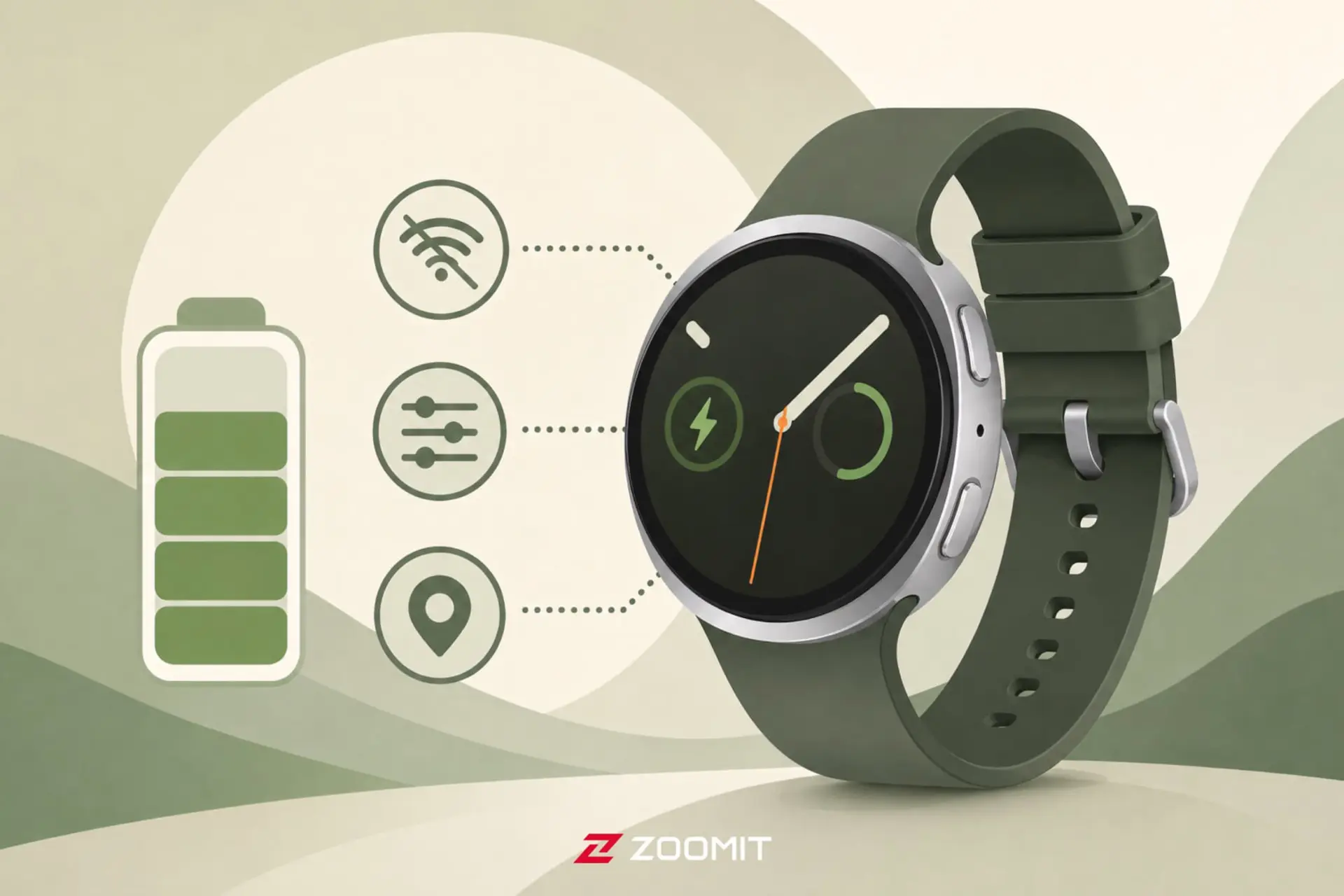 ساعت هوشمند گلکسی واچ (Galaxy Watch) در کنار آیکون‌های باتری، وای‌فای و تنظیمات