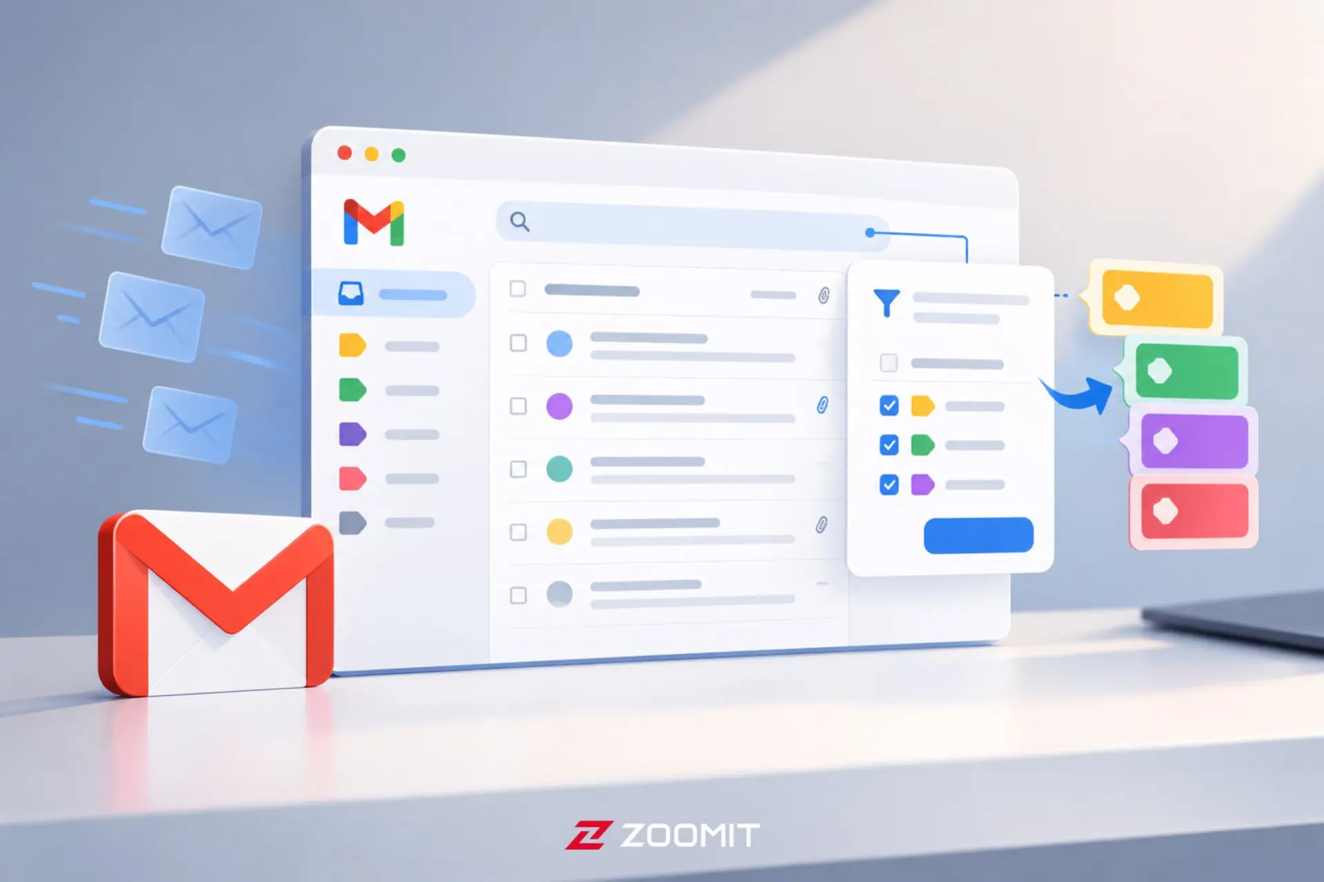 رابط کاربری جیمیل (Gmail) با نمایش آیکون‌های برچسب و فیلترهای خودکار