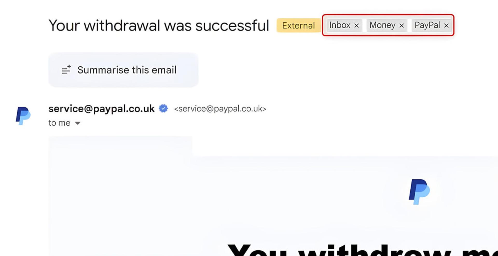 برچسب‌های Inbox و Money و PayPal در محیط کاربری جیمیل