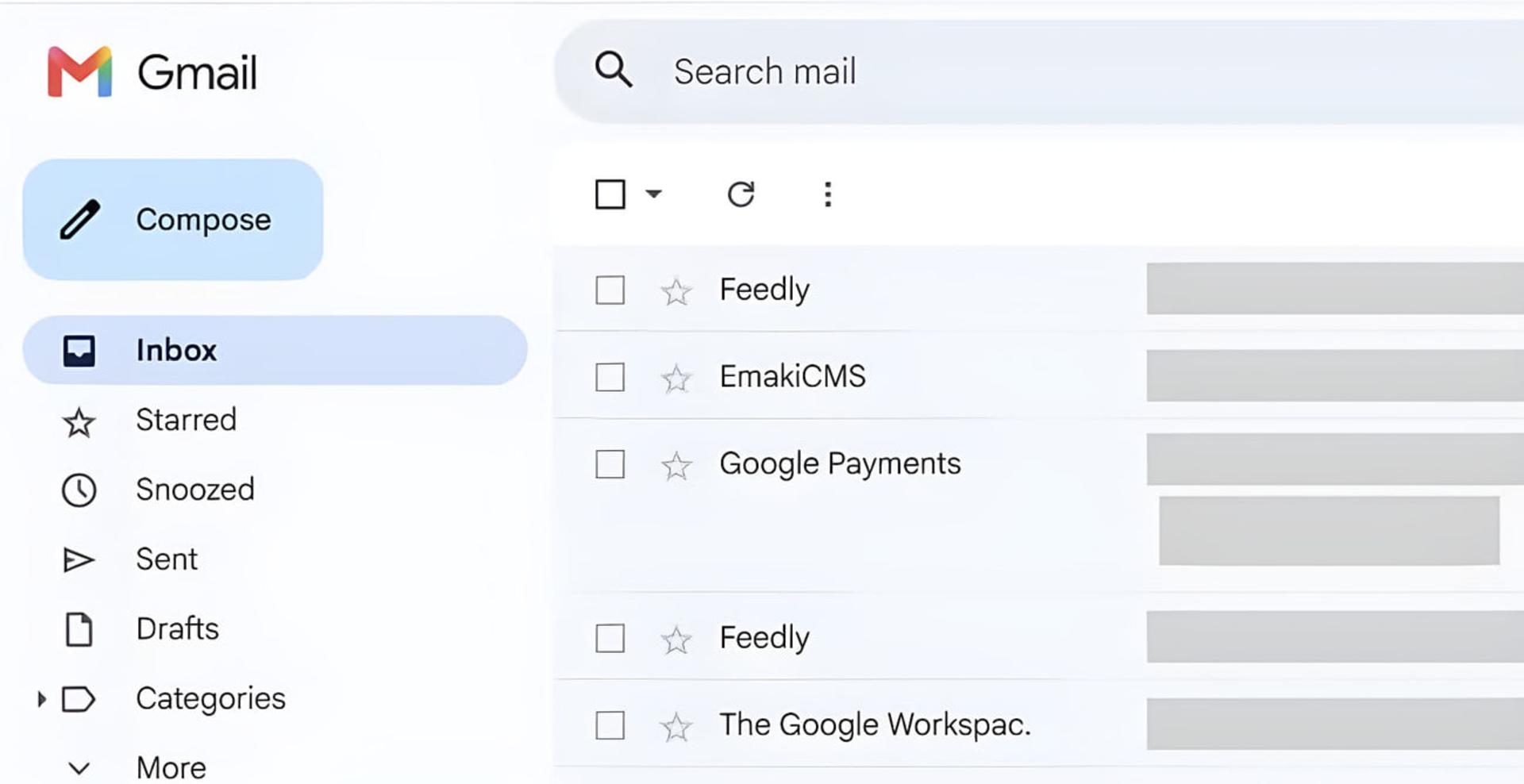 فهرست پیام‌های صندوق ورودی جیمیل (Gmail) با ستاره‌ها و فرستنده‌های مختلف