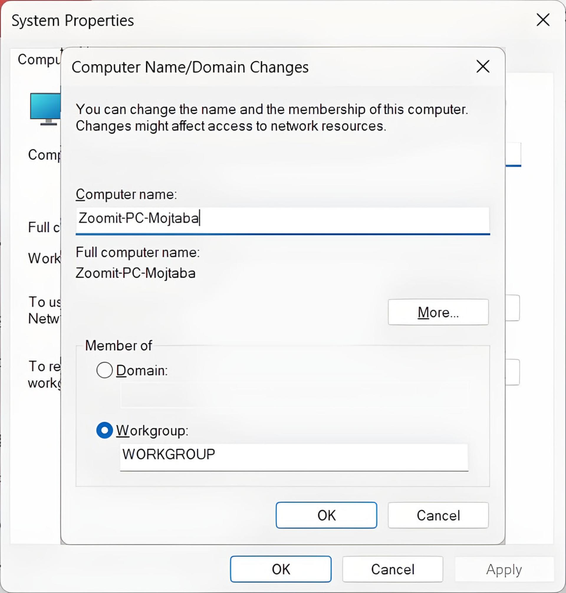 پنجره تنظیمات Computer Name/Domain Changes در سیستم‌عامل ویندوز