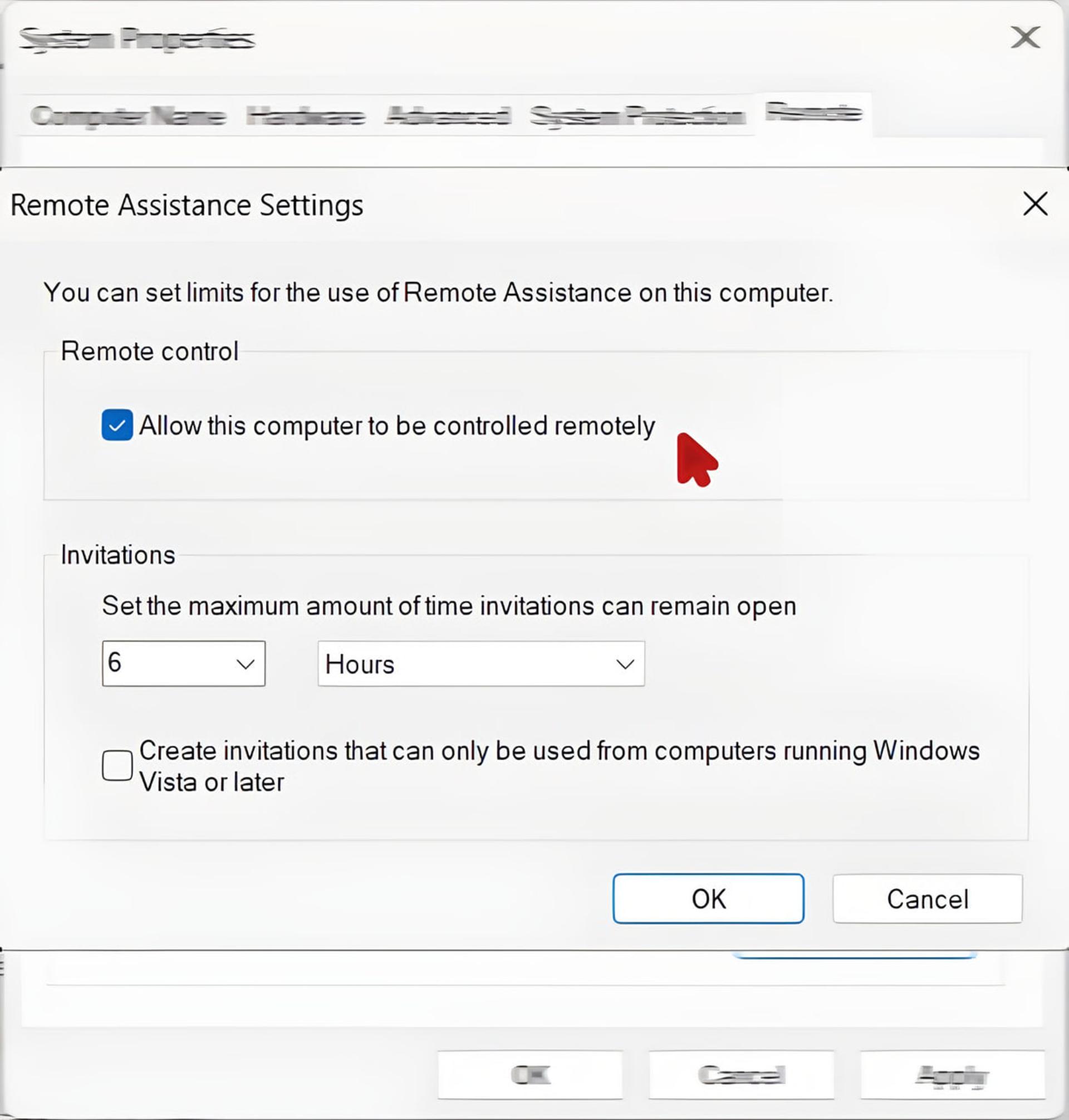 پنجره تنظیمات Remote Assistance در سیستم‌عامل ویندوز با گزینه فعال کنترل از راه دور