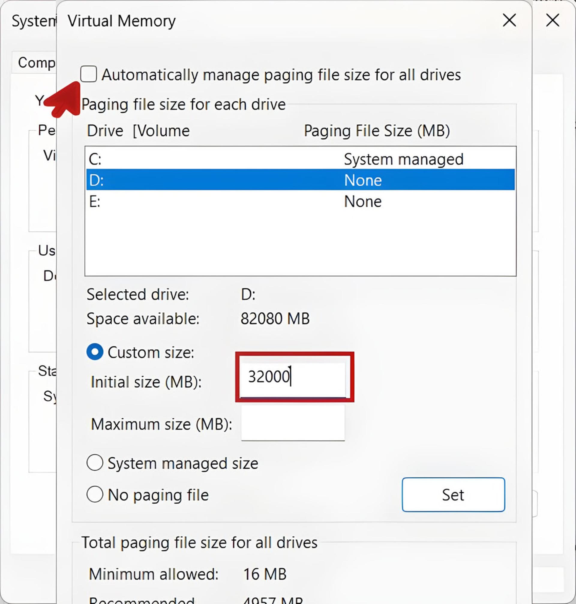 پنجره تنظیمات حافظه مجازی (Virtual Memory) در سیستم‌عامل ویندوز با مقدار تعیین شده