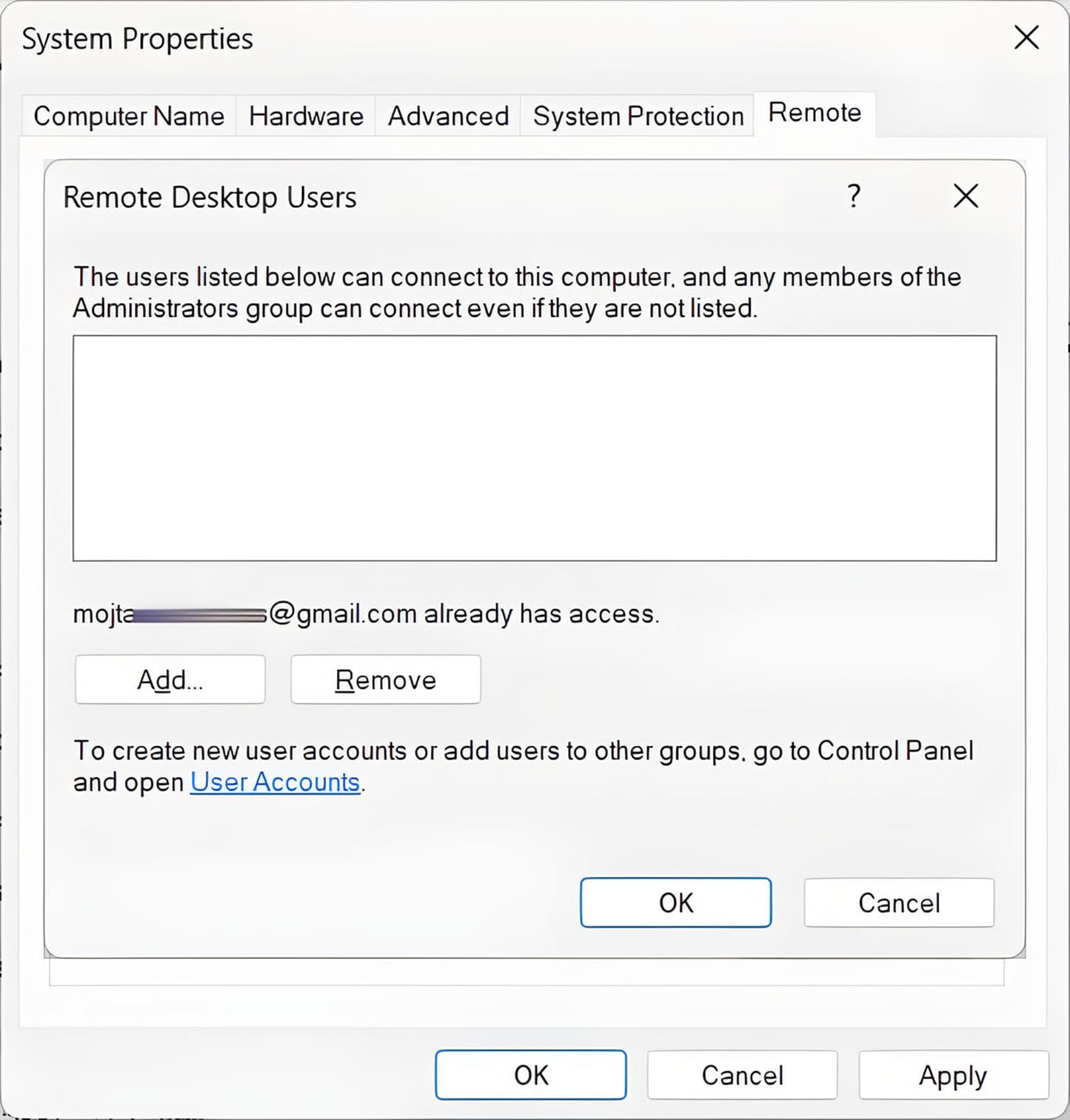 پنجره تنظیمات Remote Desktop Users در سیستم‌عامل ویندوز برای مدیریت دسترسی کاربران