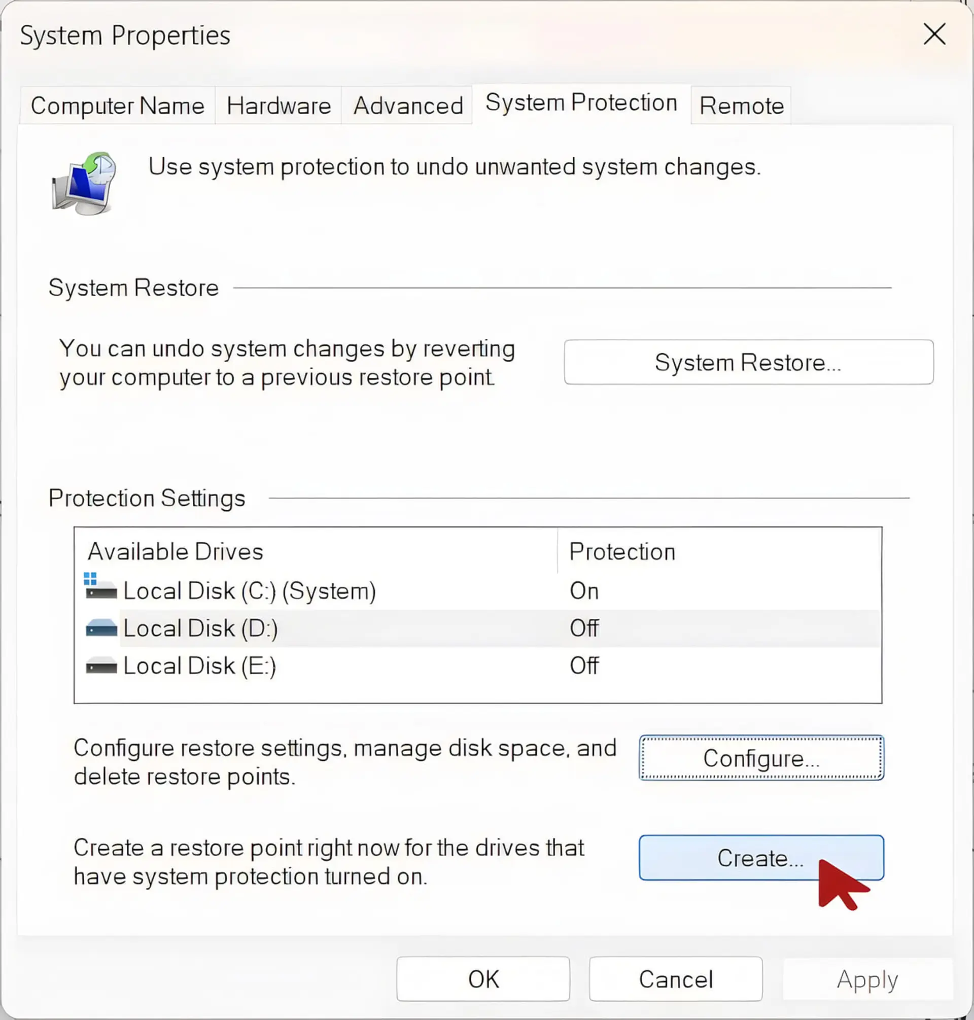 پنجره تنظیمات System Protection در سیستم‌عامل ویندوز برای مدیریت نقاط بازیابی