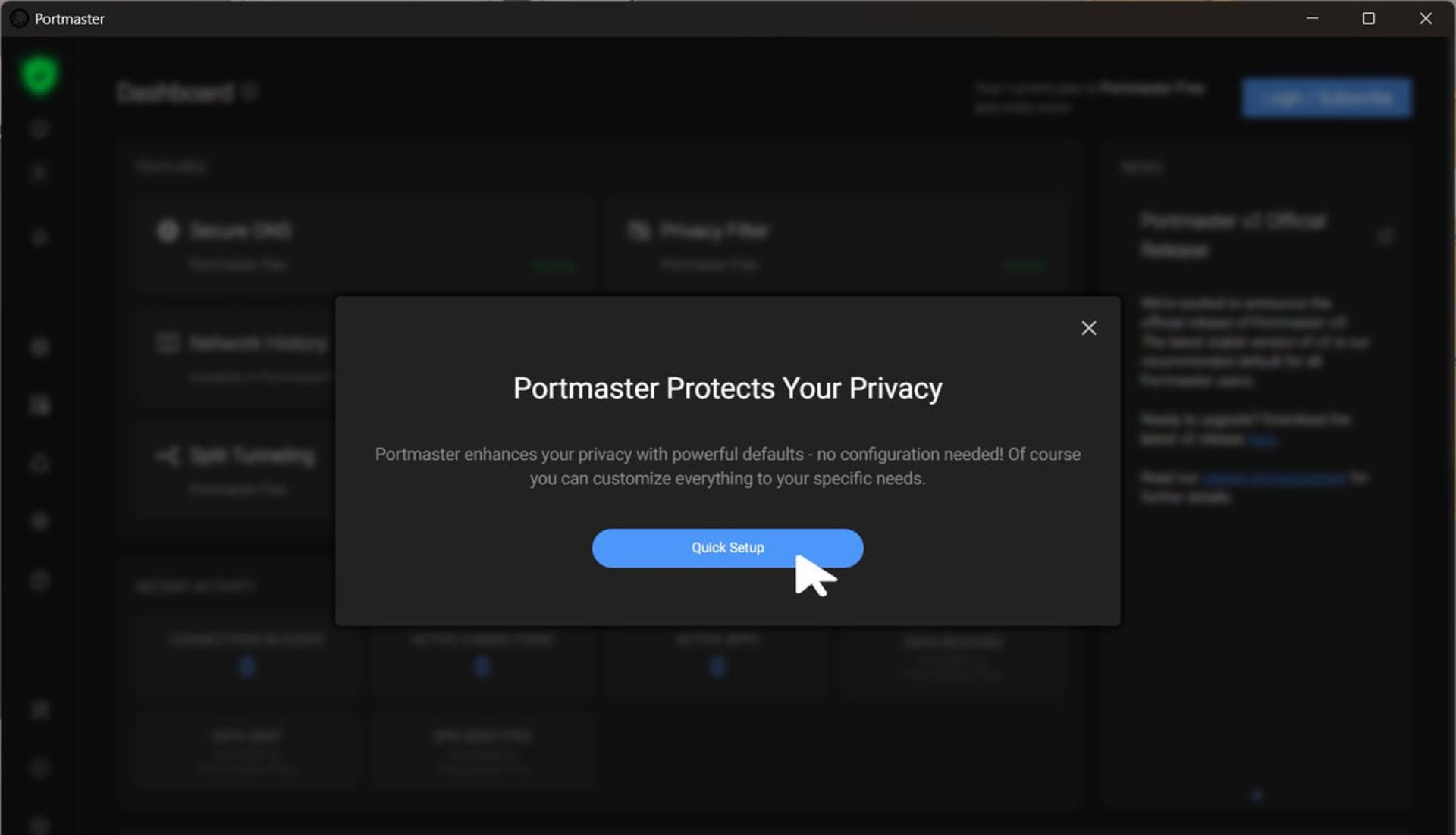 پنل کاربری نرم‌افزار پرتمستر (Portmaster) با پیام محافظت از حریم خصوصی