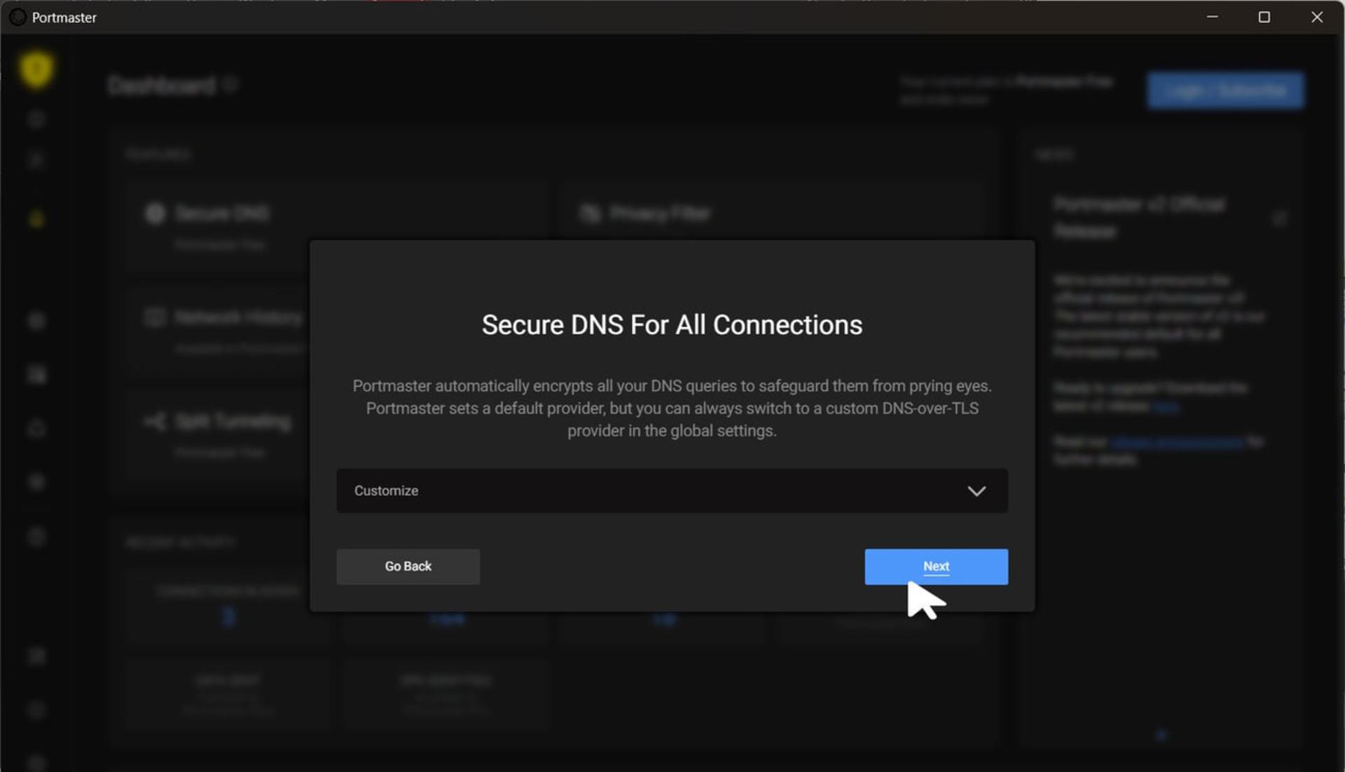 پنجره تنظیمات Secure DNS در نرم‌افزار پرتمستر (Portmaster) برای رمزنگاری درخواست‌های DNS