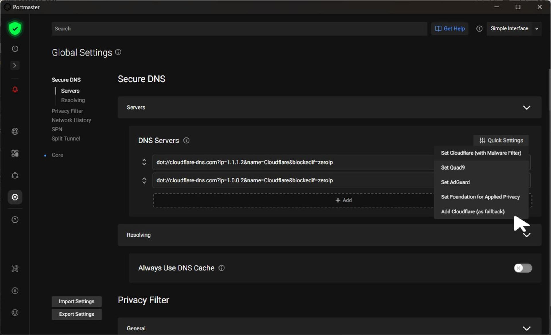 تنظیمات بخش Secure DNS در رابط کاربری نرم‌افزار Portmaster برای مدیریت سرورهای DNS