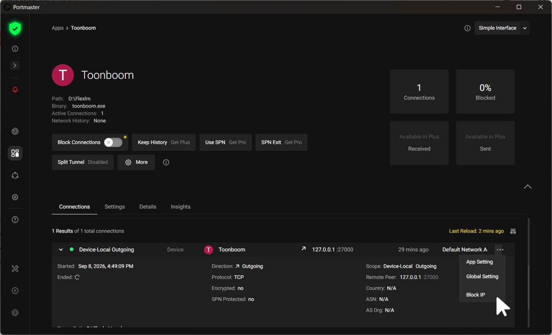 پنل مدیریت اتصال نرم‌افزار Toonboom (Toonboom) در محیط برنامه Portmaster
