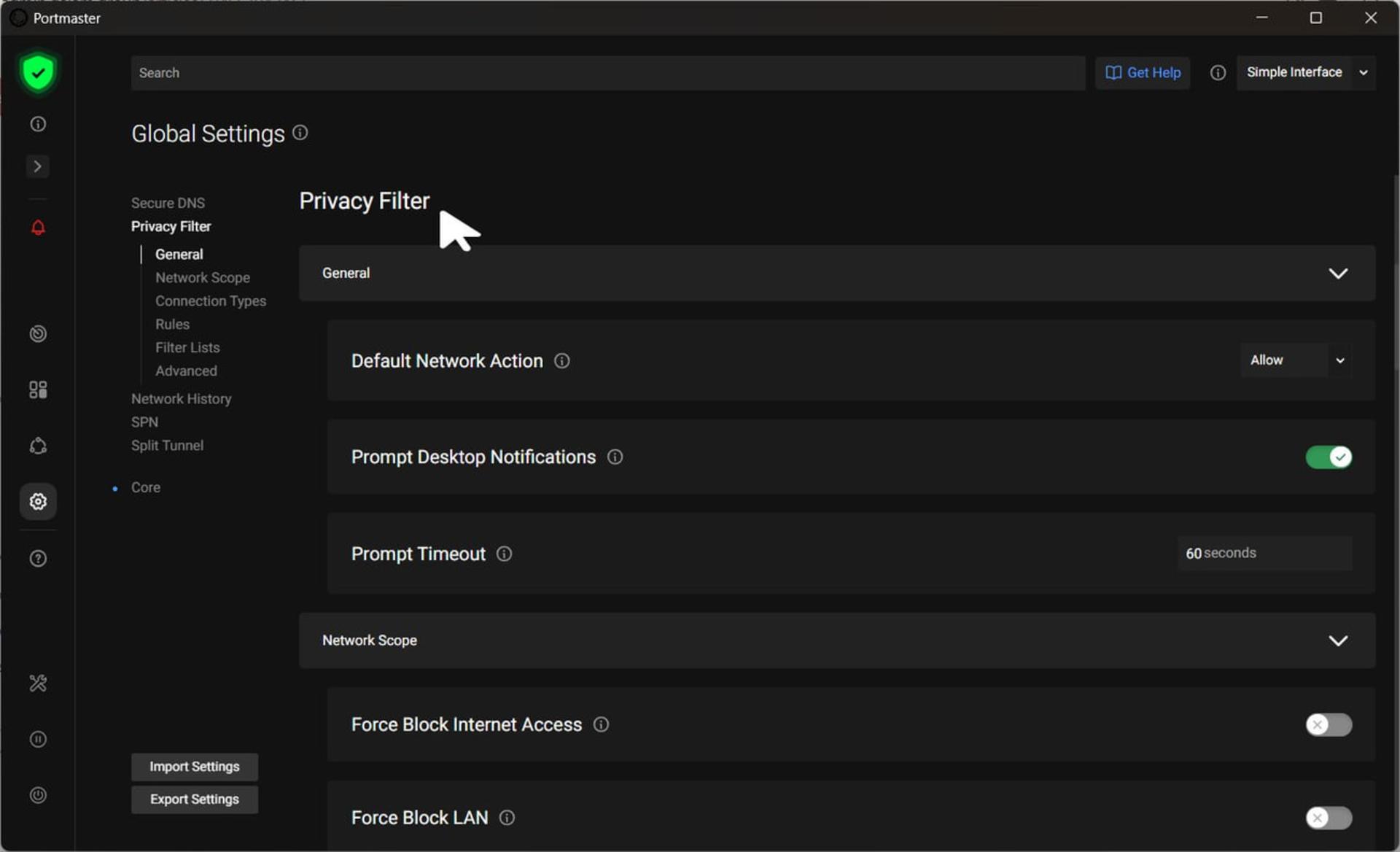 پنل تنظیمات Privacy Filter در نرم‌افزار پورت‌مستر (Portmaster) برای مدیریت حریم خصوصی