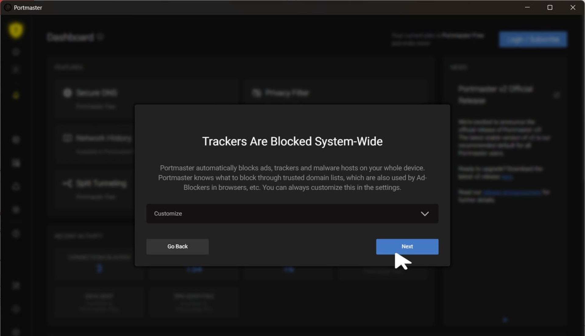 پیام مسدودسازی ردیاب‌ها در محیط نرم‌افزار پرتمستر (Portmaster)