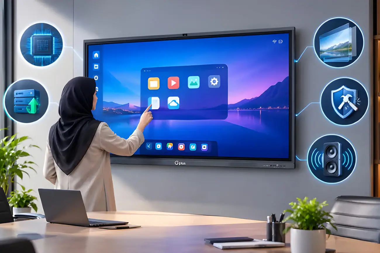 پنل هوشمند تعاملی (Interactive Display) با آیکون‌های اپلیکیشن در محیط اداری