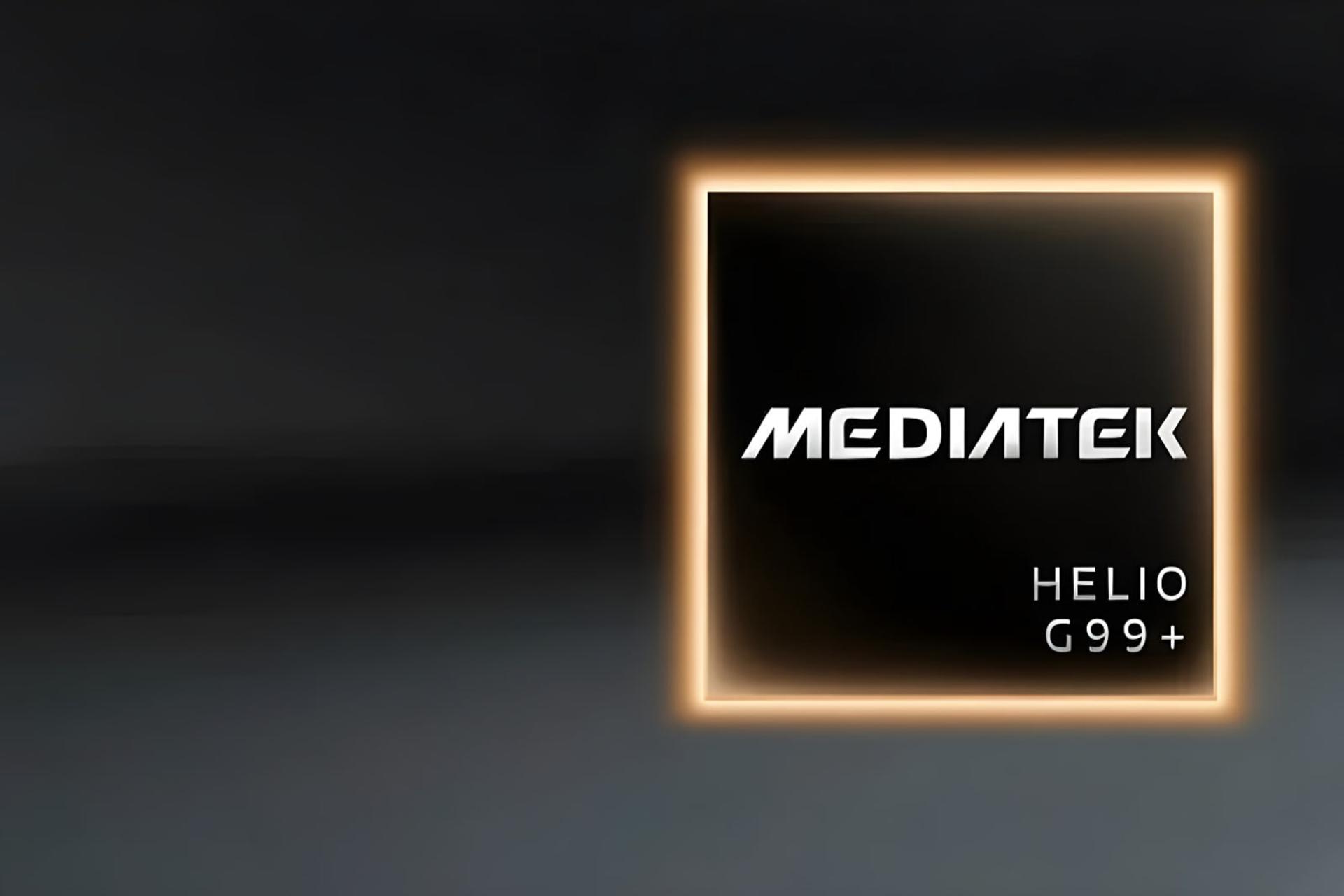 لوگوی تراشه مدیاتک مدل +Helio G99 روی پس‌زمینه تیره