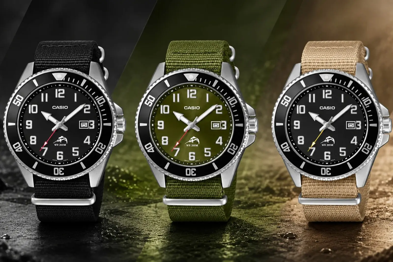 ساعت‌های غواصی کاسیو (Casio) مدل MDV106C با بندهای پارچه‌ای در سه رنگ مشکی، سبز و کرم