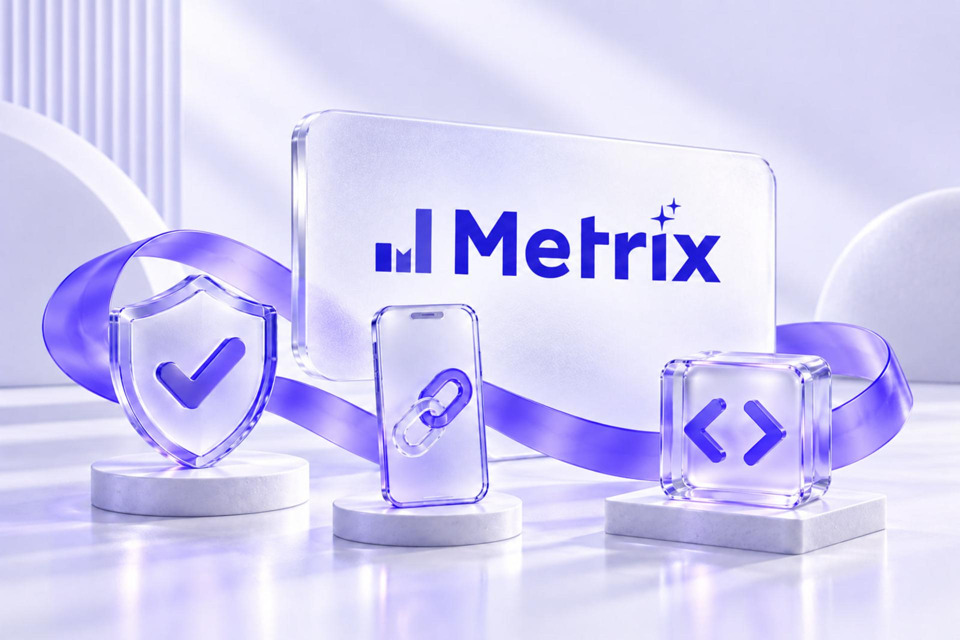 لوگوی پلتفرم متریکس (Metrix) همراه با نمادهای امنیت، موبایل و کدنویسی