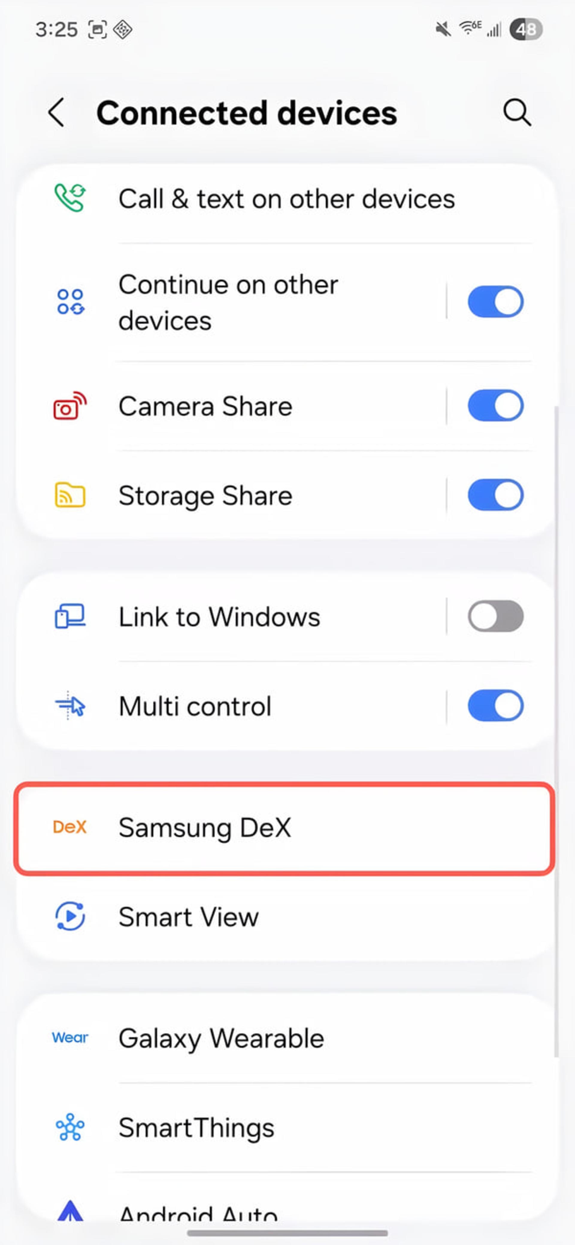 منوی تنظیمات Samsung DeX در بخش دستگاه‌های متصل گوشی اندرویدی
