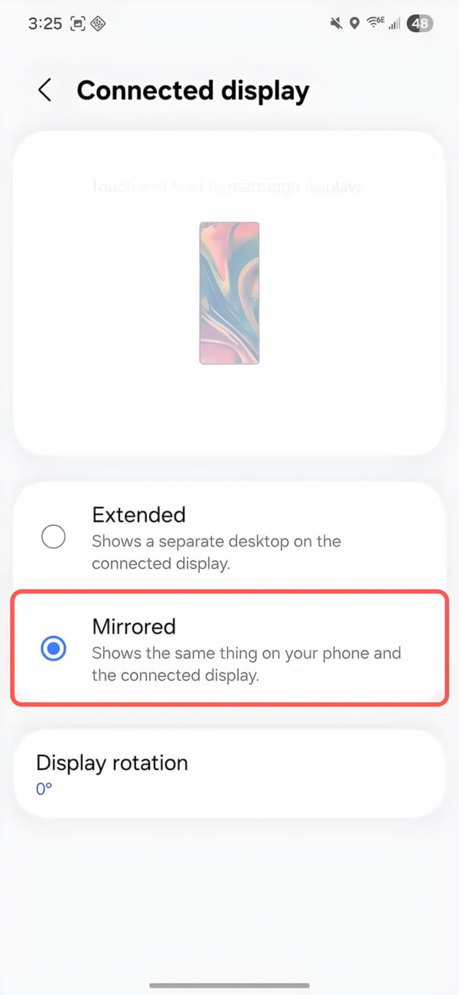 تنظیمات نمایش متصل (Connected display) در گوشی اندروید با گزینه Mirrored انتخاب شده