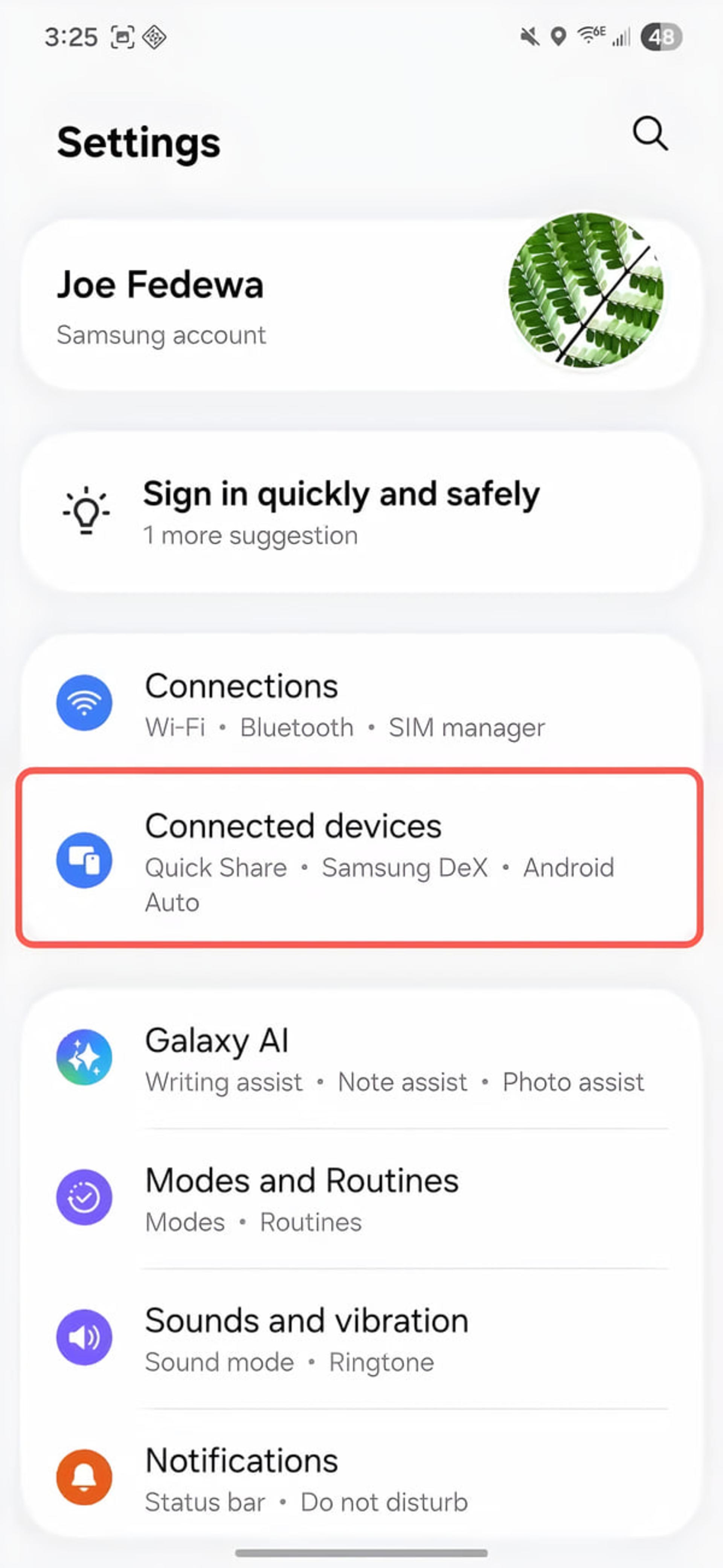 منوی تنظیمات بخش Connected devices در گوشی اندرویدی با قابلیت Samsung DeX