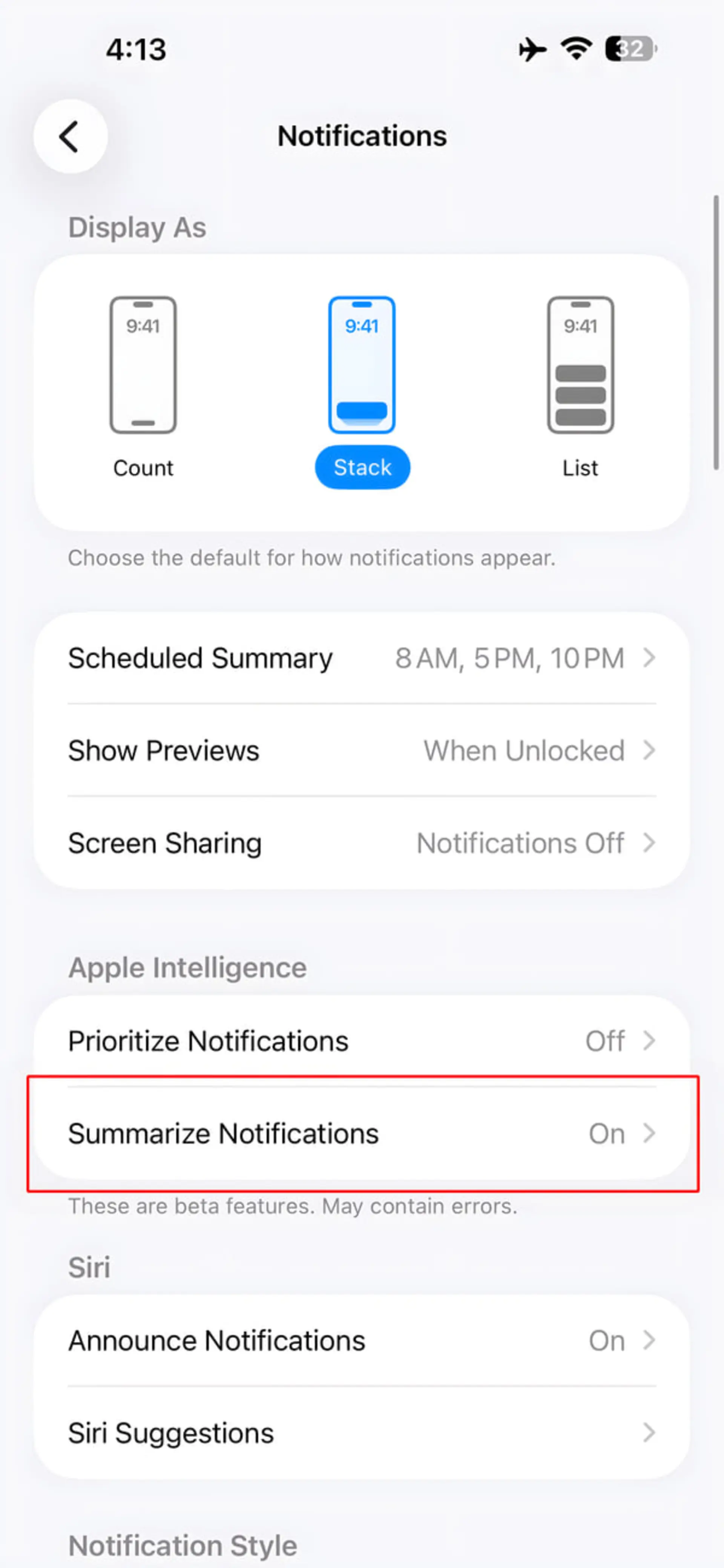 تنظیمات اعلان‌ها در گوشی آیفون با قابلیت‌های Apple Intelligence