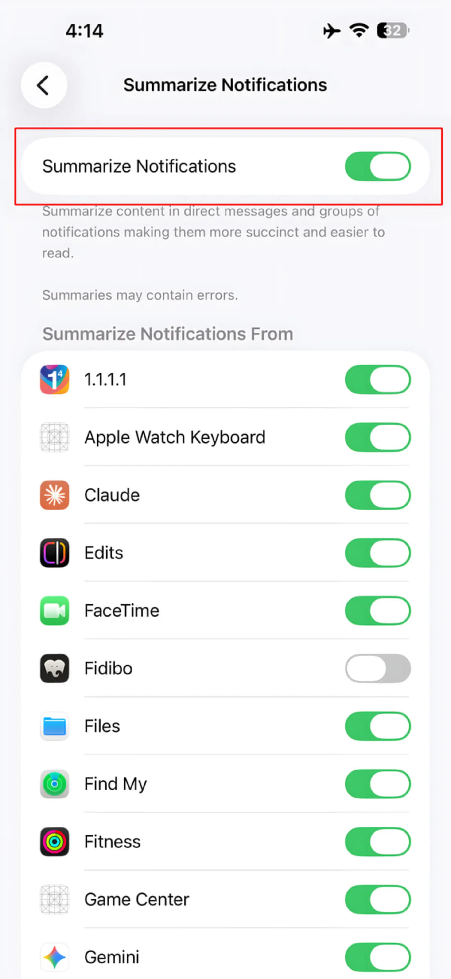 منوی تنظیمات Summarize Notifications در گوشی هوشمند با گزینه‌های مختلف