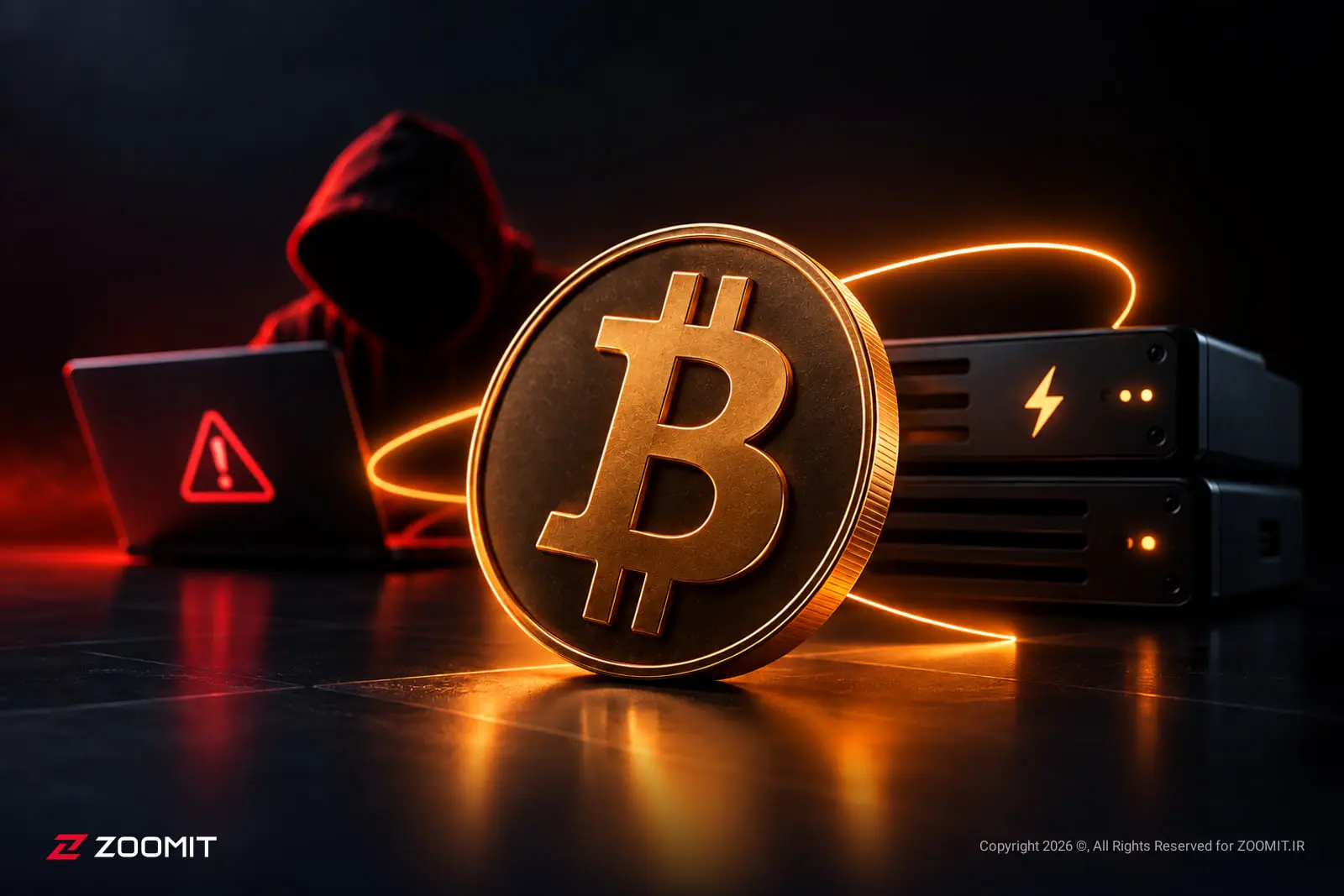سکه طلایی بیت‌کوین (Bitcoin) در کنار تجهیزات شبکه و یک هکر مخفی