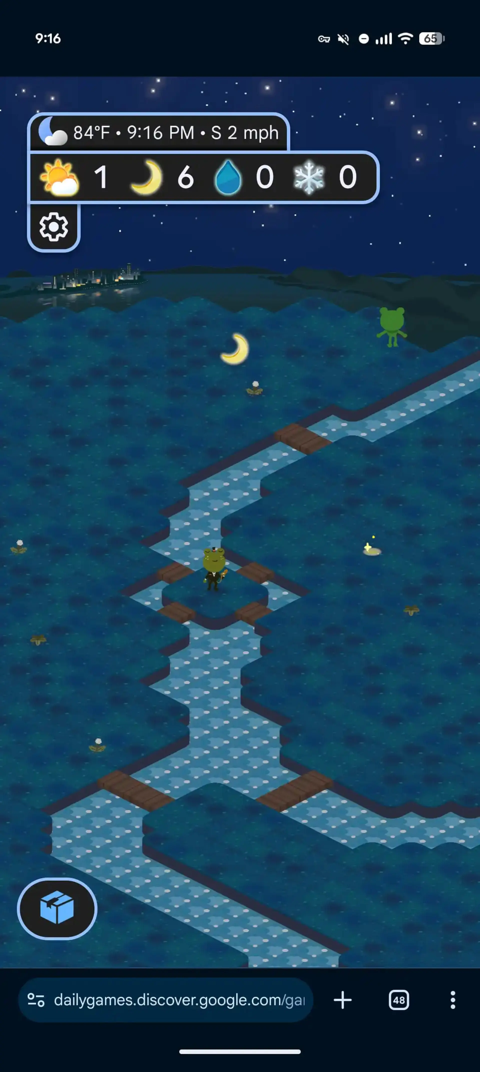 محیط بازی موبایلی Froggy's World با کاراکتر قورباغه در شب
