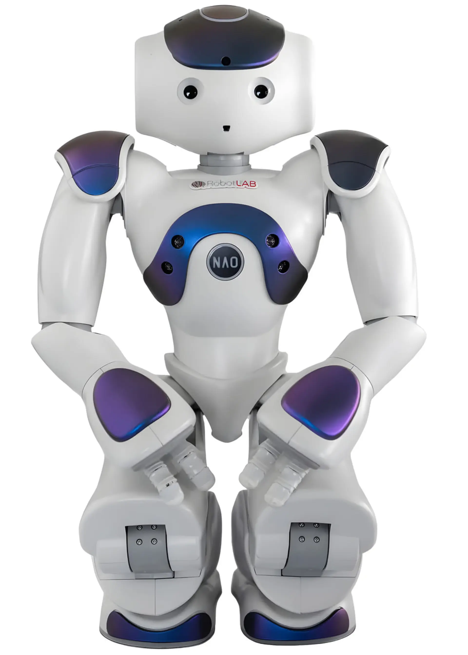 ربات انسان‌نمای NAO (NAO) با بدنه سفید و قطعات بنفش