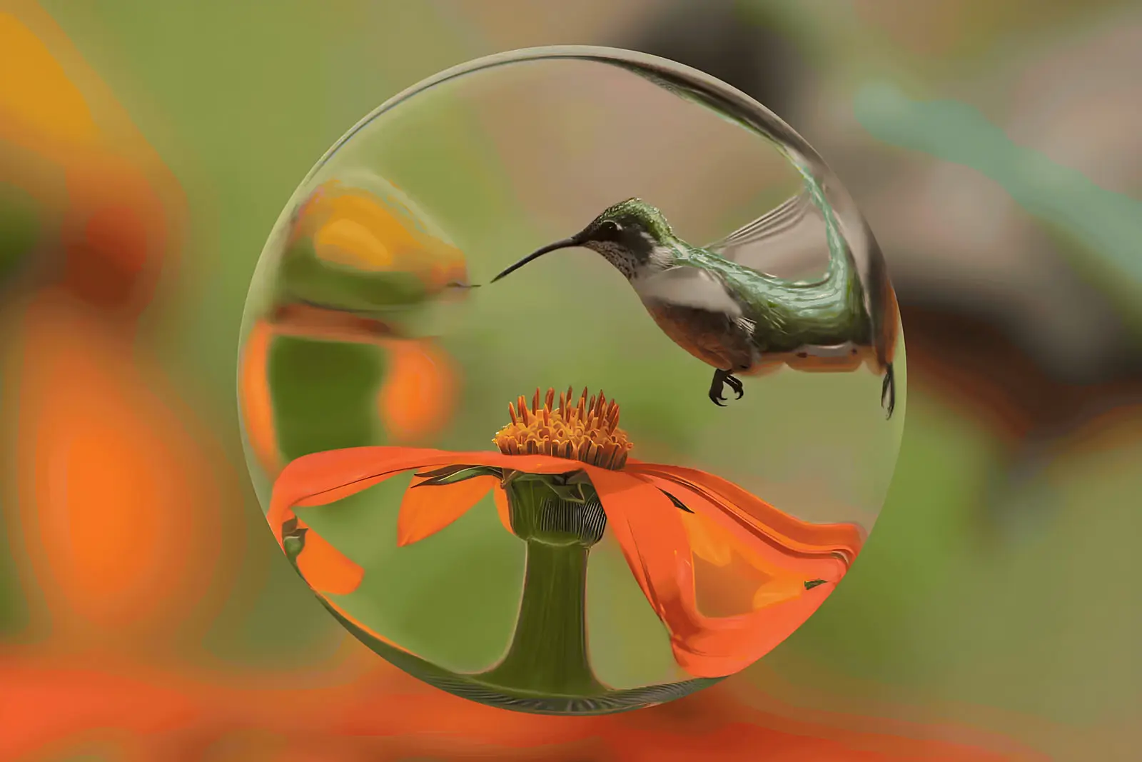 مرغ مگس‌خوار (Hummingbird) در داخل یک گوی شفاف در کنار گل نارنجی