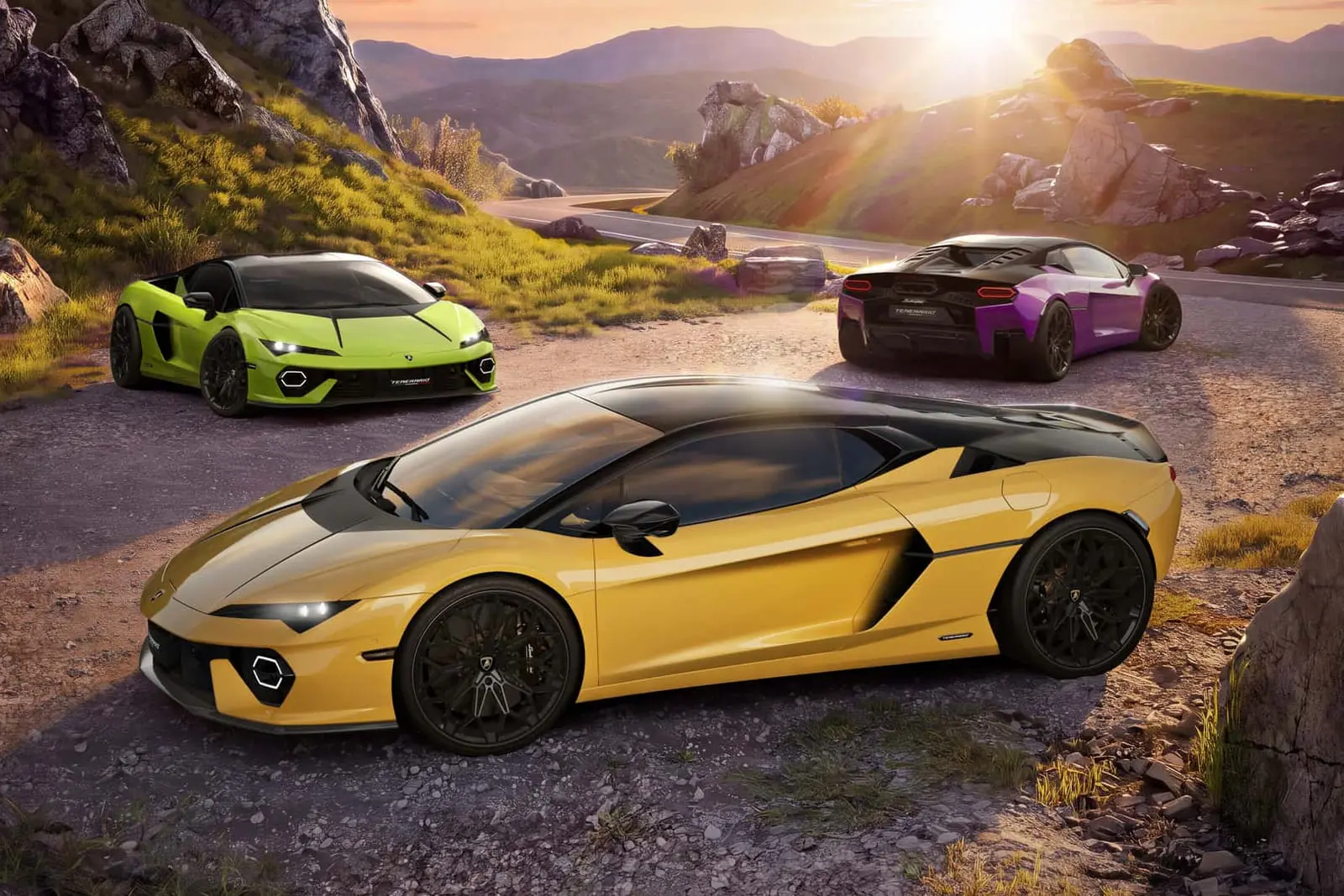 خودرو لامبورگینی تمراریو (Lamborghini Temerario) با رنگ زرد و مشکی در جاده کوهستانی