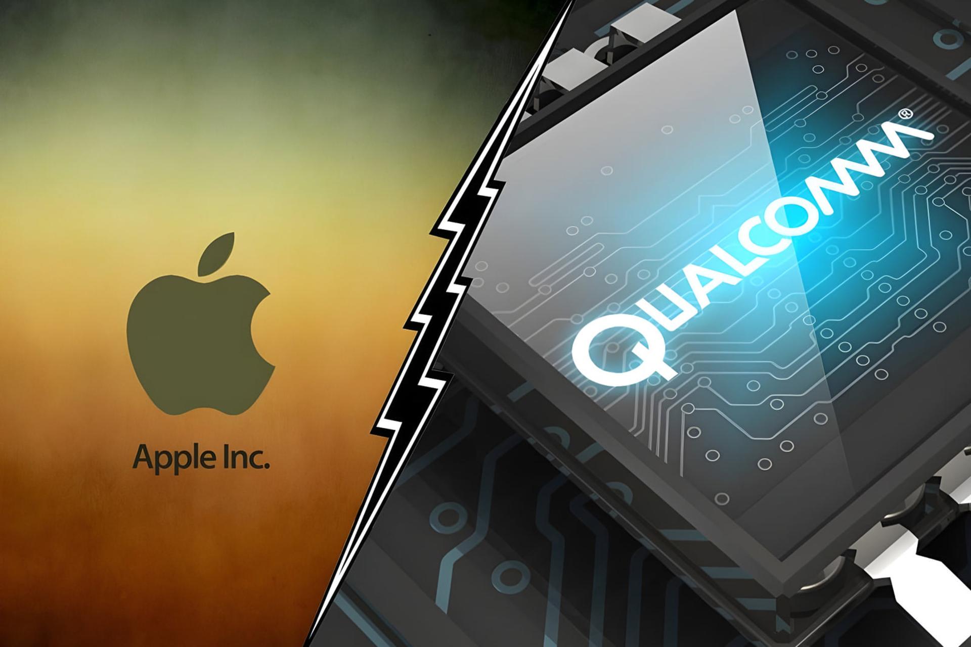لوگوی اپل (Apple Inc) در کنار تراشه و مدارات شرکت کوالکام (Qualcomm)