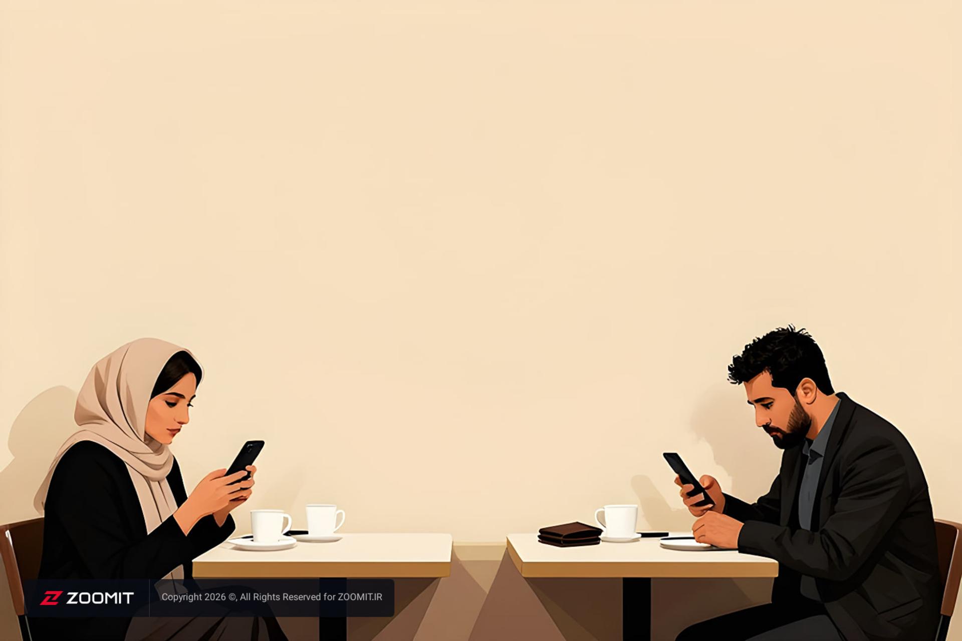 زن و مرد در کافه در حال استفاده از گوشی‌های هوشمند