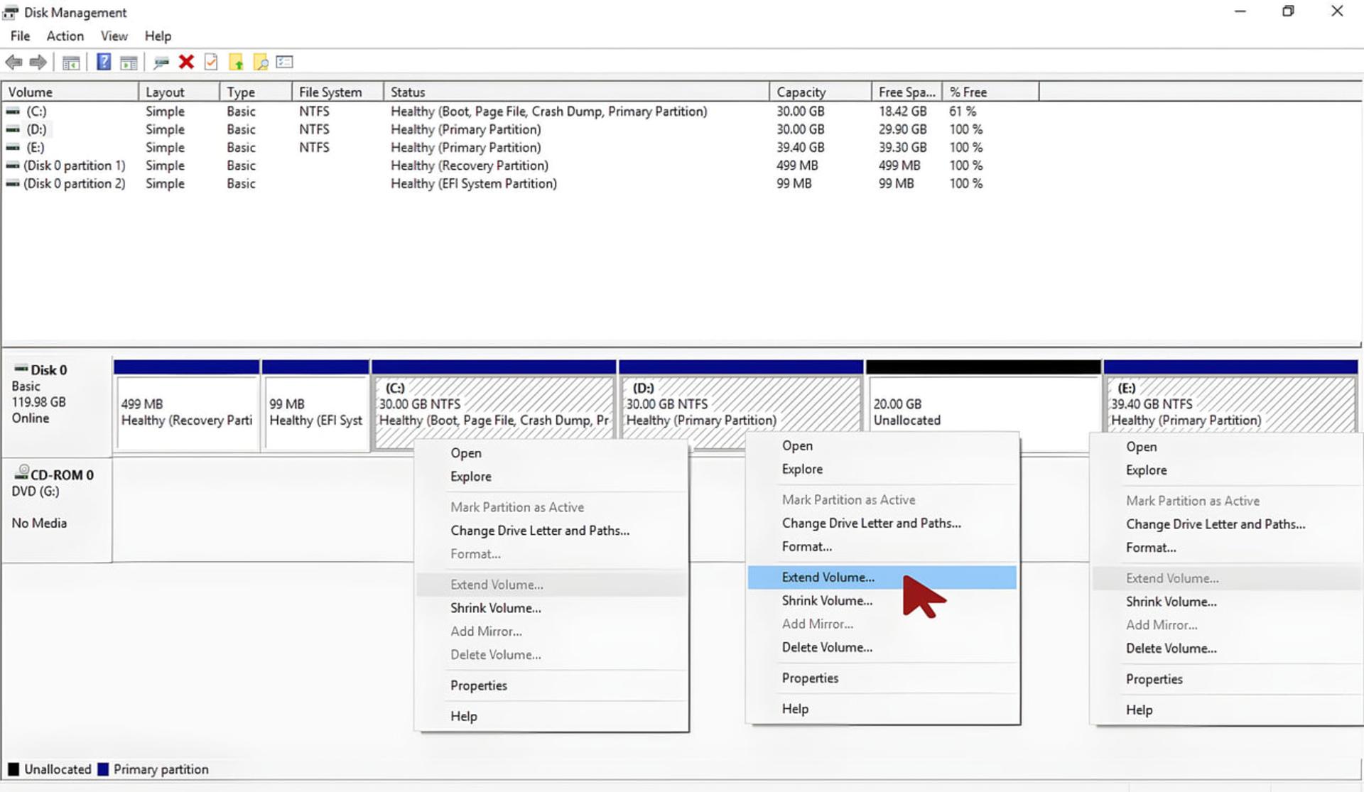 پنجره مدیریت دیسک ویندوز (Disk Management) با گزینه‌های تغییر حجم پارتیشن