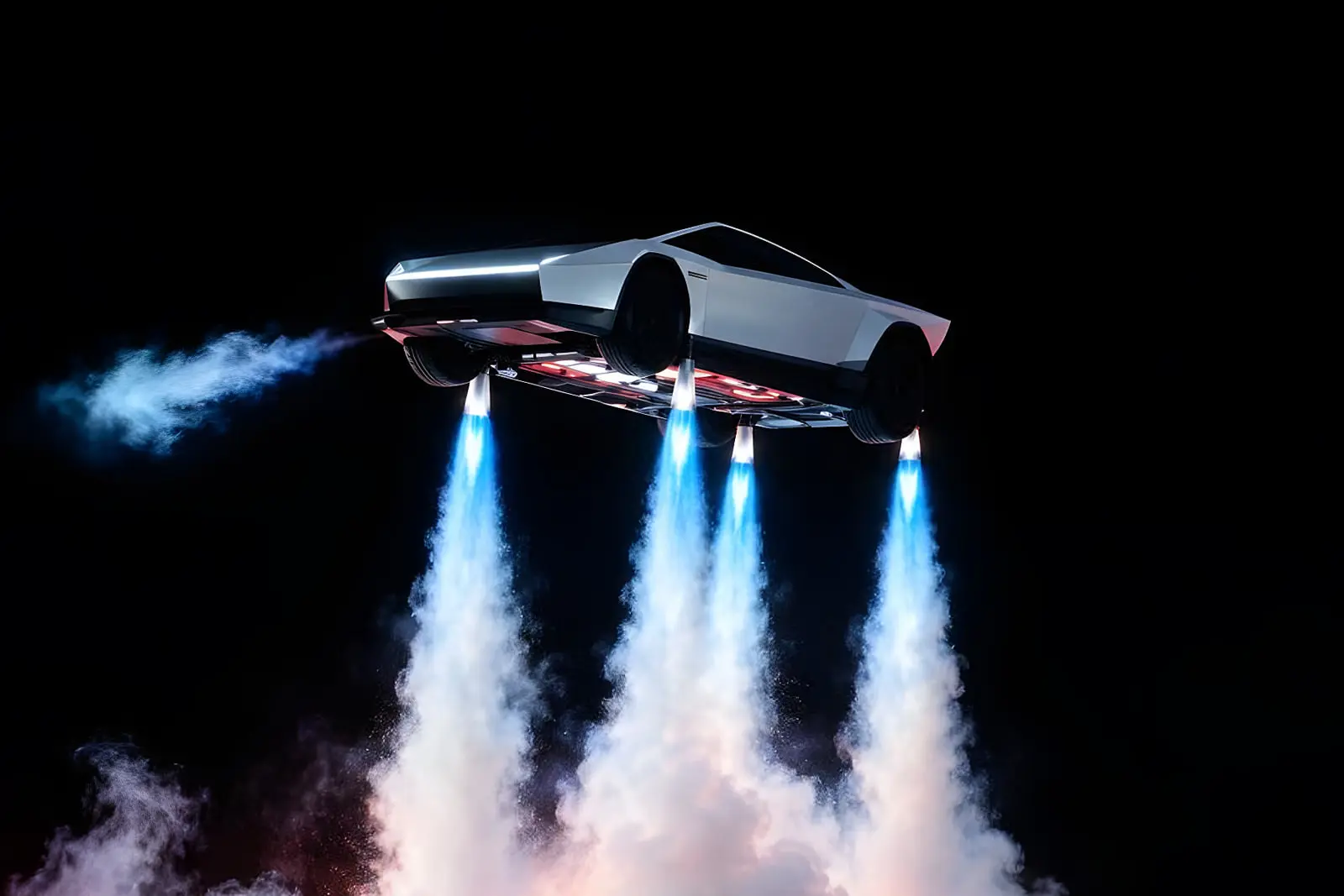 خودروی تسلا رودستر (Tesla Roadster) در حال پرواز با جت‌های زیر بدنه
